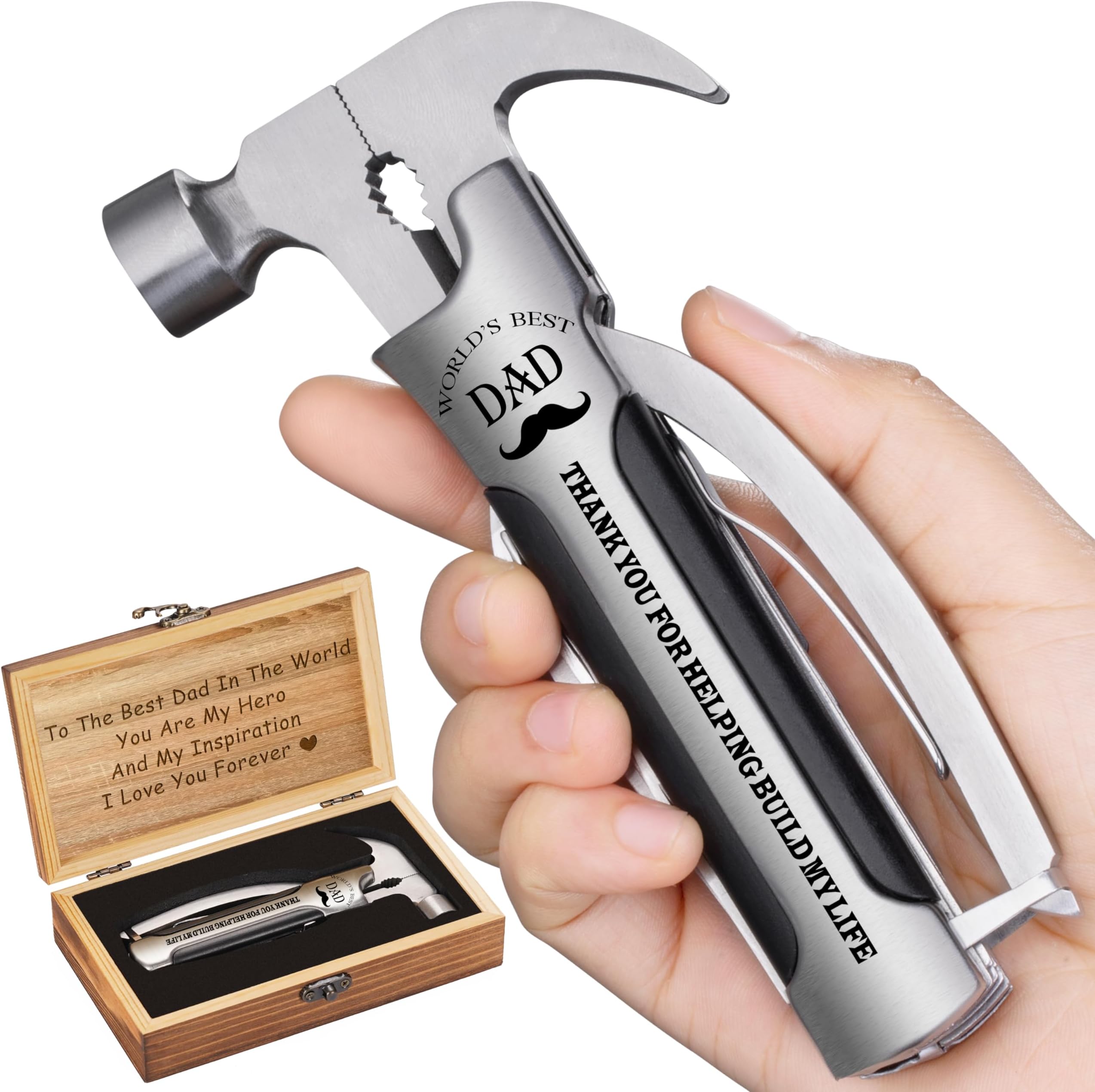 VEITORLD All in One Survival Tools Hammer Multitool With Engraved Wooden Box for Dad, Stocking Stuffer for Men, Birthday Present for Daddy Grandpa