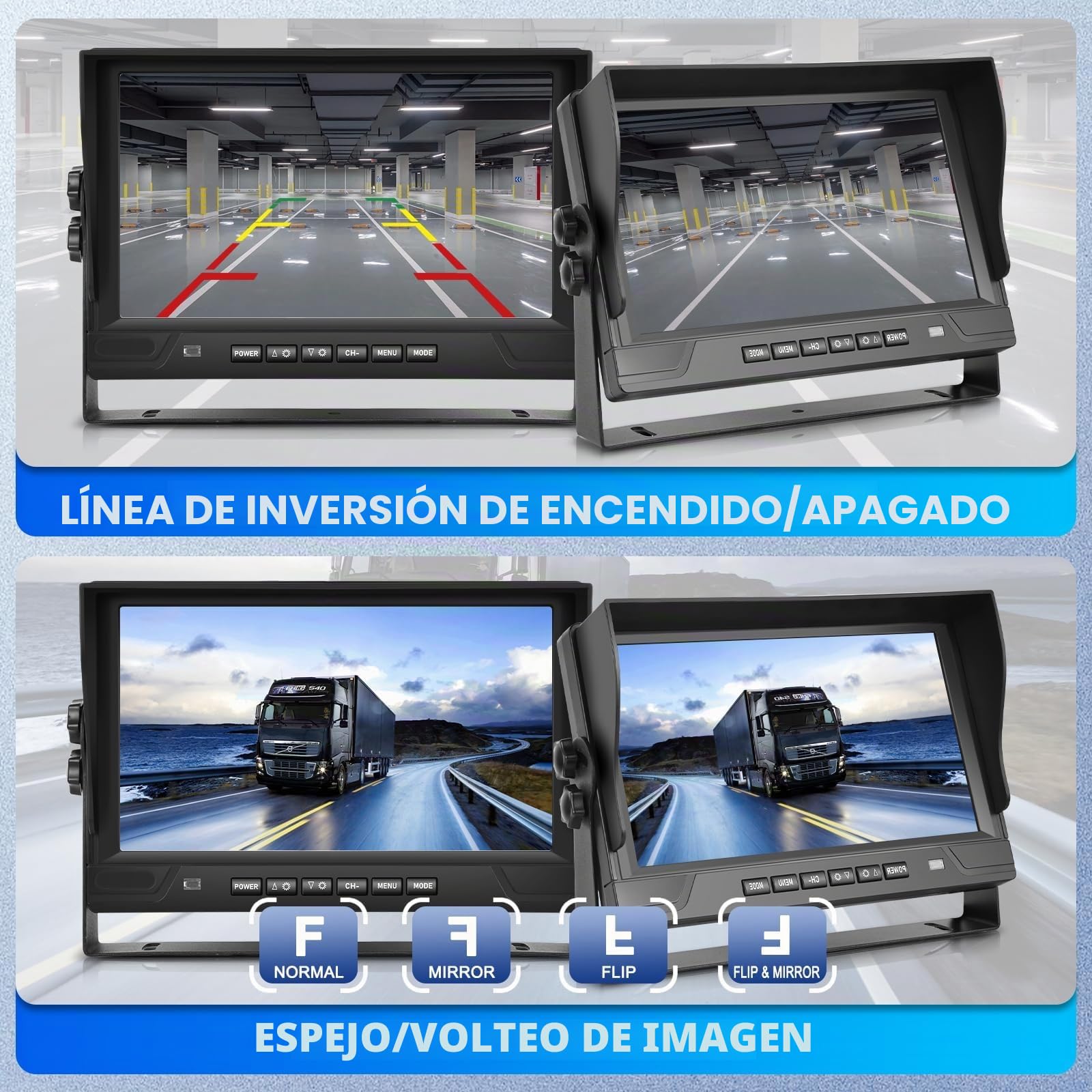Cámara de Marcha Atrás 1080P con Monitor de 9 Pulgadas y 4 Divisiones, Compatible con 4 DVR IP68 Impermeable Visión Nocturna Camara Trasera para Camión, Caravana, Remolque con 2x10m + 2x20m Cable