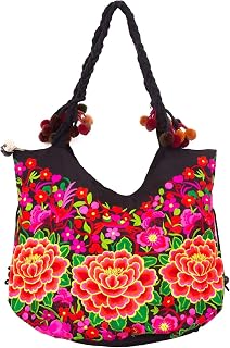 Changnoi Handmade Boho Tote Bag Large Size, 3 Rose Embroidered Shoulder Bag by Hmong Tribe in Thailand