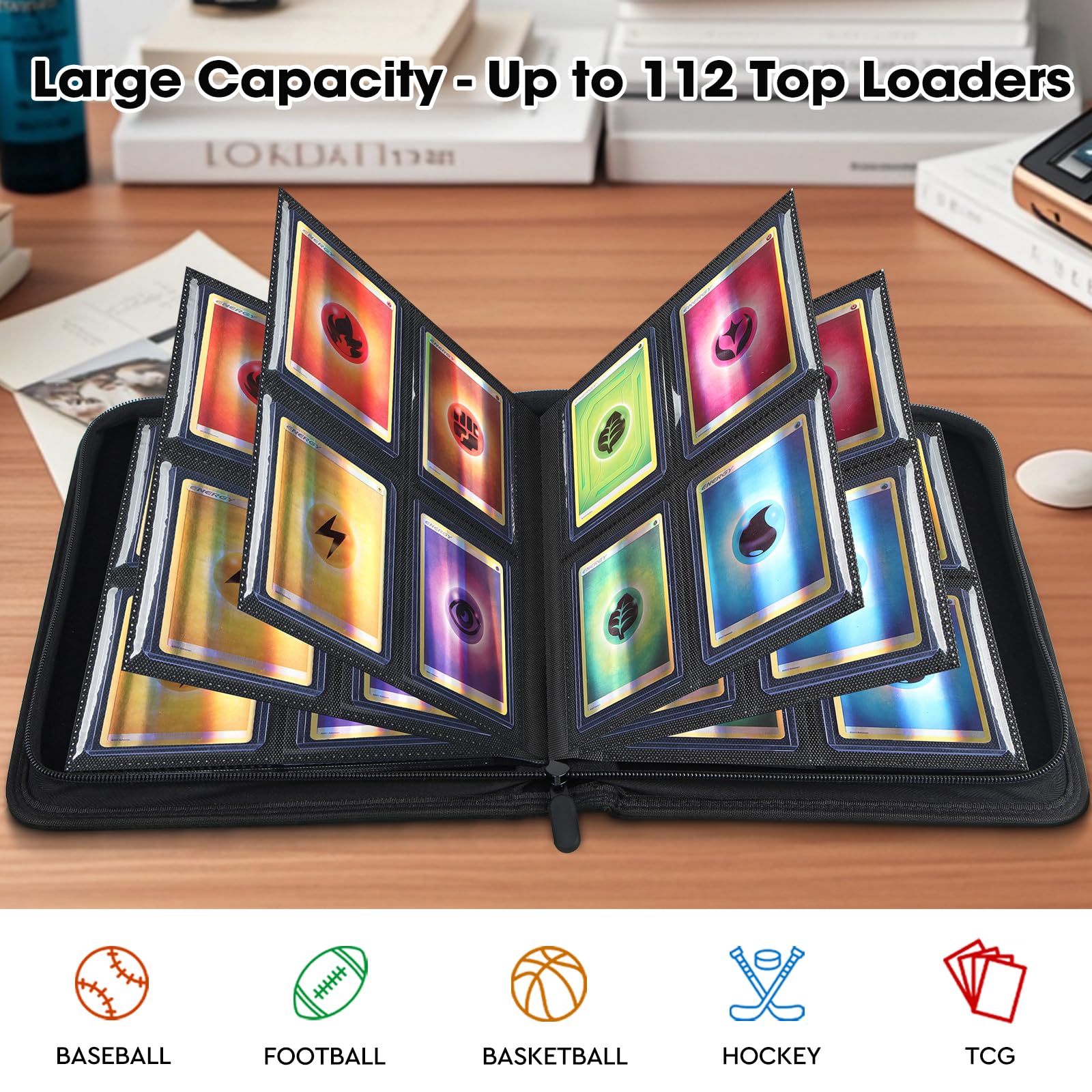 Classeur Top Loader, Classeur Carte de 4 Poches de 112 Top Loaders, Album de Top Loader avec Fermeture éclair de et Durable, Rangement Carte pour MTG, TCG, Noir (UNIQUEMENT POUR TOP LOADERS)