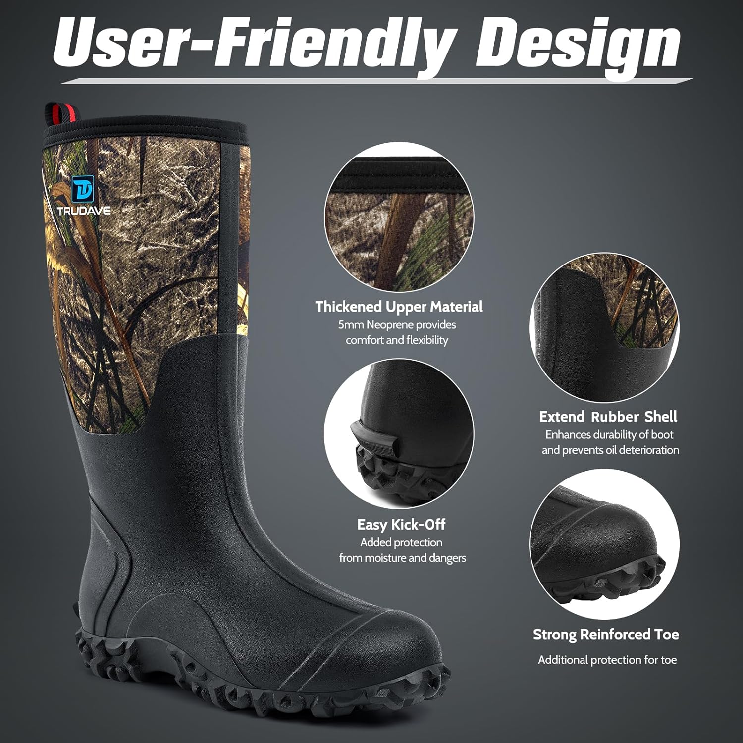 Trudave Rubber Boots for Men with Steel Shank, Waterproof Insulated Reliable Rain Boots for Outdoor Work Hunting, Warm Dry 5mm Neoprene Anti-slip All-Season Mud Boots, Size 5-14 - Image 4
