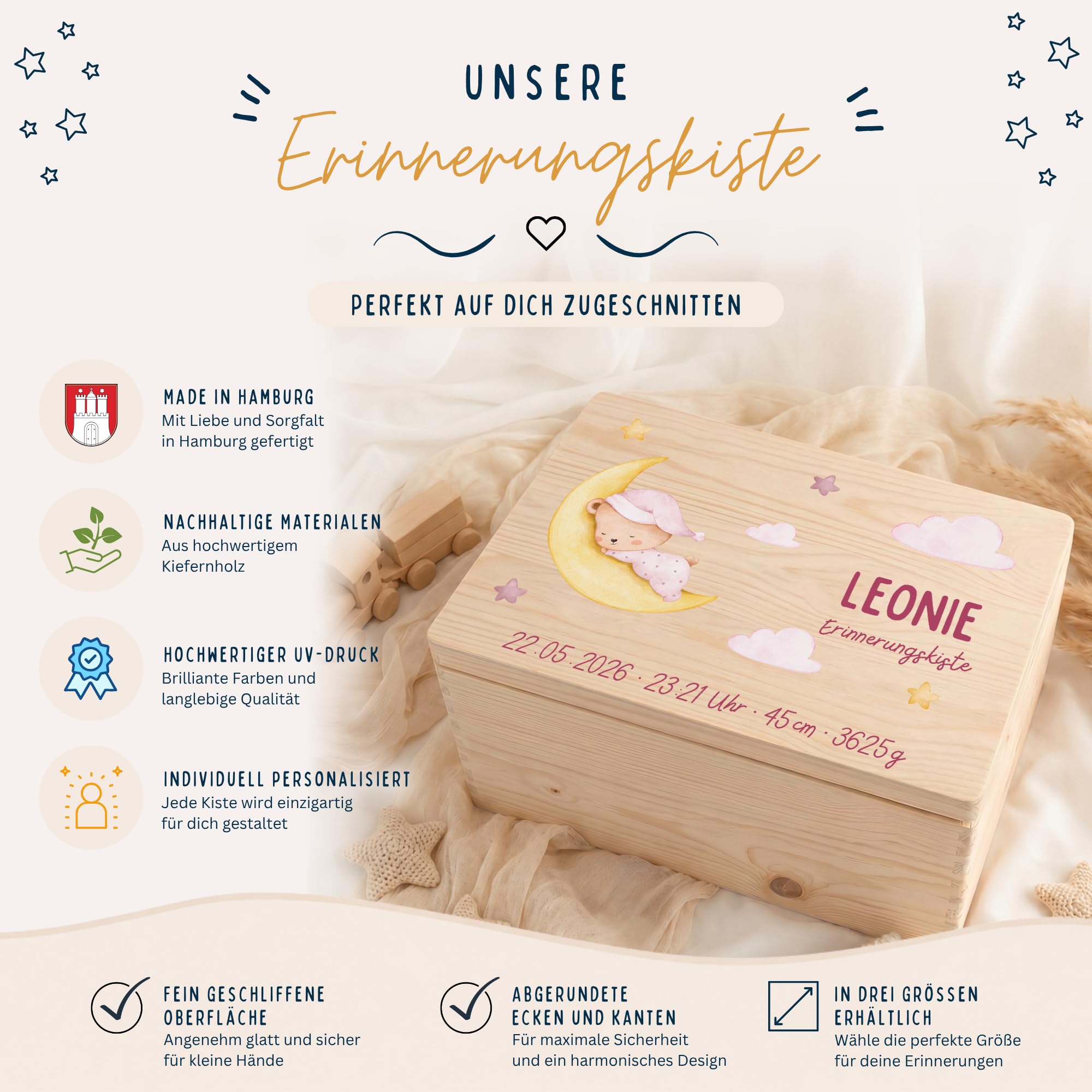 Generisch Erinnerungsbox Baby, personalisierte Holzkiste mit Klappdeckel, Aufbewahrung von Erinnerungen, Geschenk zur Geburt und Taufe, Geburtsgeschenk Jungen und Mädchen (Bär pink, 40x30x13 cm)