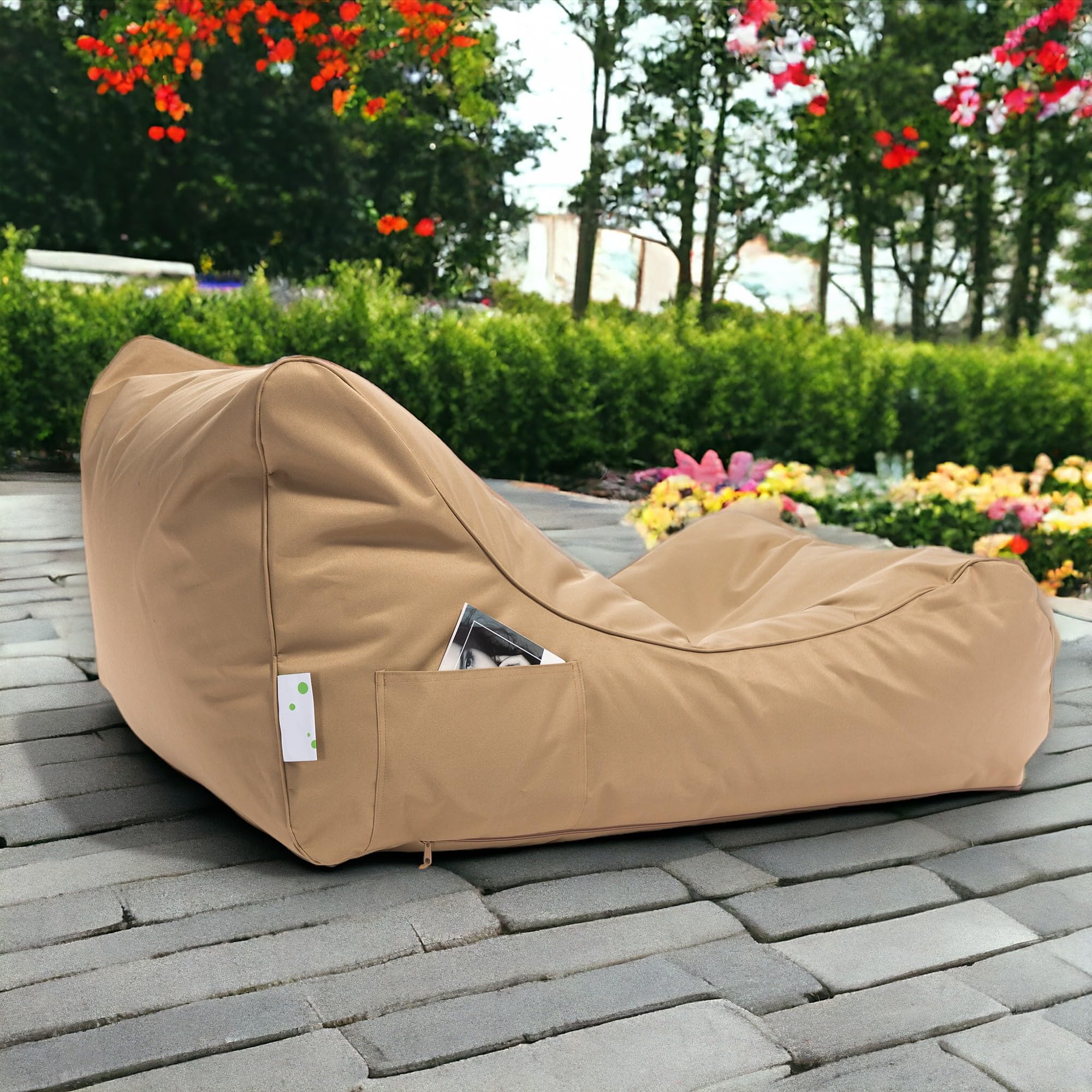 Ecopuf Master Polyester Canapé Pouf Outdoor Chaise Longue avec Pochette de Rangement et Poignée 115x65x60cm Beige