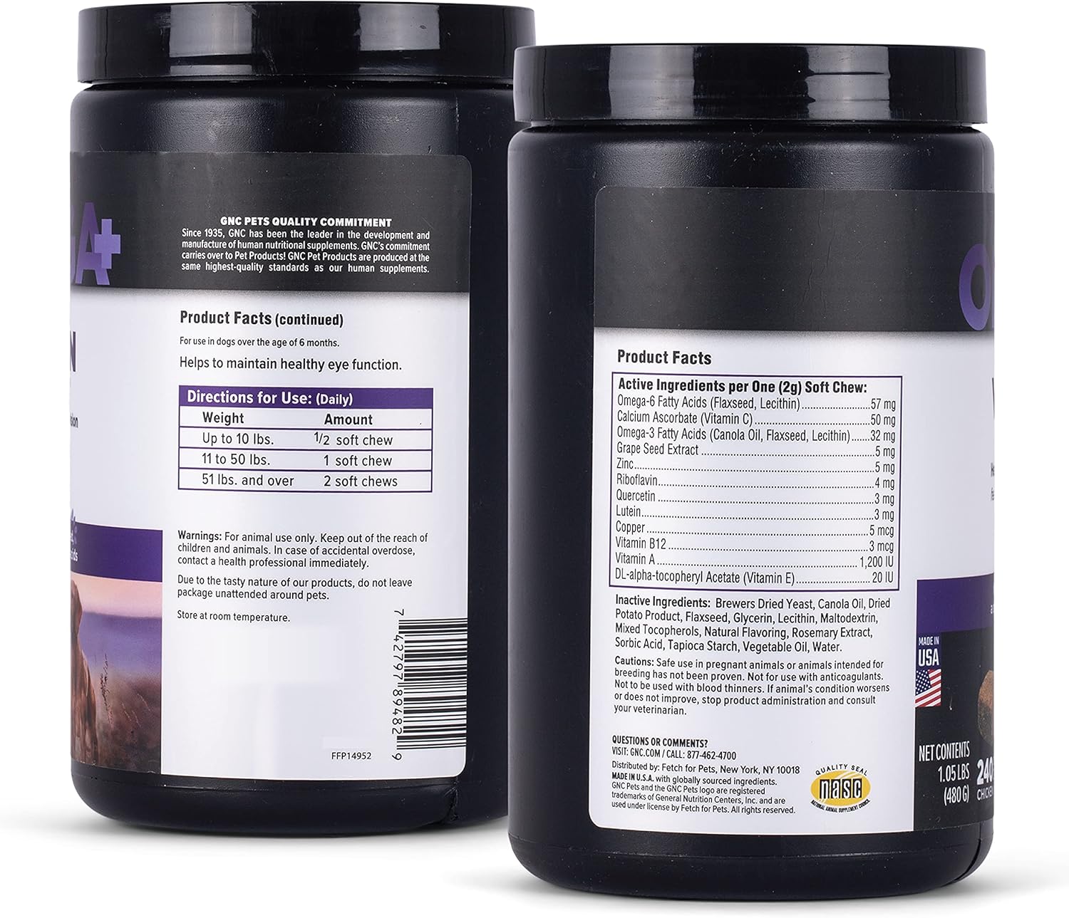 GNC Pets Omega Vision Dog Supplements for Adult Dogs with Omega Fatty Acids & Flaxseed, 240 ct | Chicken Flavored Soft Chew Vision Support Dog Supplements with Vitamin C, Quercetin, and Lutein : Pet Supplies