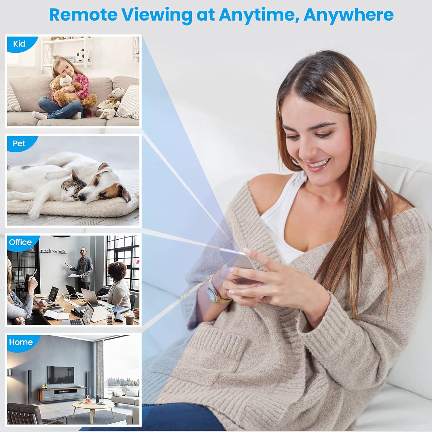 Woman viewing live camera feed on her phone, with small inset images showing monitoring of a child, a pet, an office, and a home.