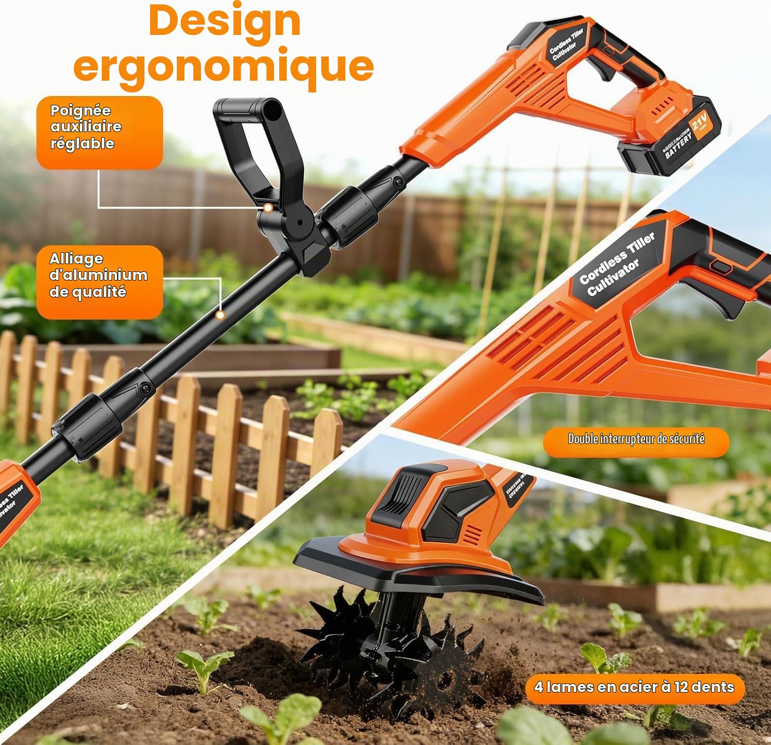 Motobineuse Electrique 21V, 600W Motoculteur électrique sans Balais avec 2 x 3,0 Ah Batteries, 400 TR/Min, Largeur Travail 23 cm, Profondeur 17 cm, Poignée Réglable, pour Pelouse Jardin Travaux du Sol