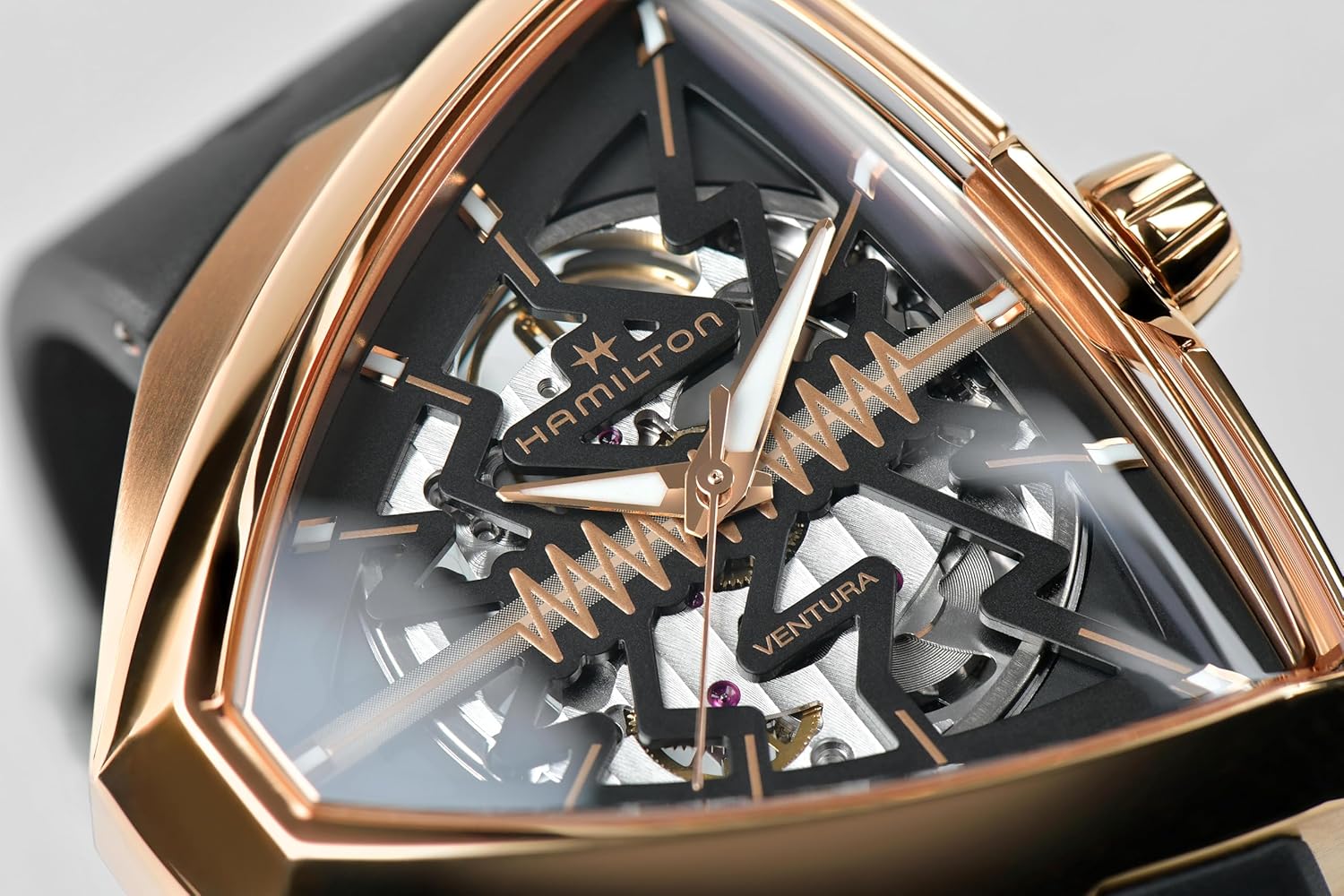 Close-up of Hamilton Ventura Elvis80 Skeleton Auto Watch dial