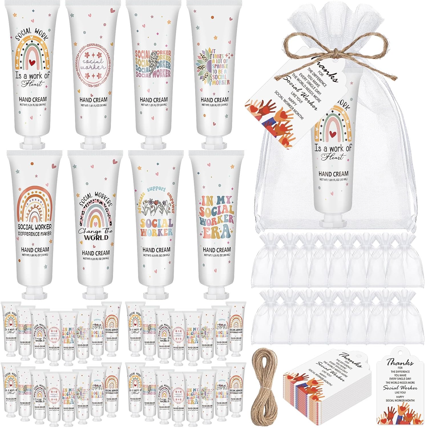 Loopeer 48 Set Social Worker Hand Cream Set Bulk, Appreciation & Thank You Gifts with Cards and Organza Bags, Inspirational Graduation Gifts for Social Work Month, MSW LCSW Gift, 12 Designs
