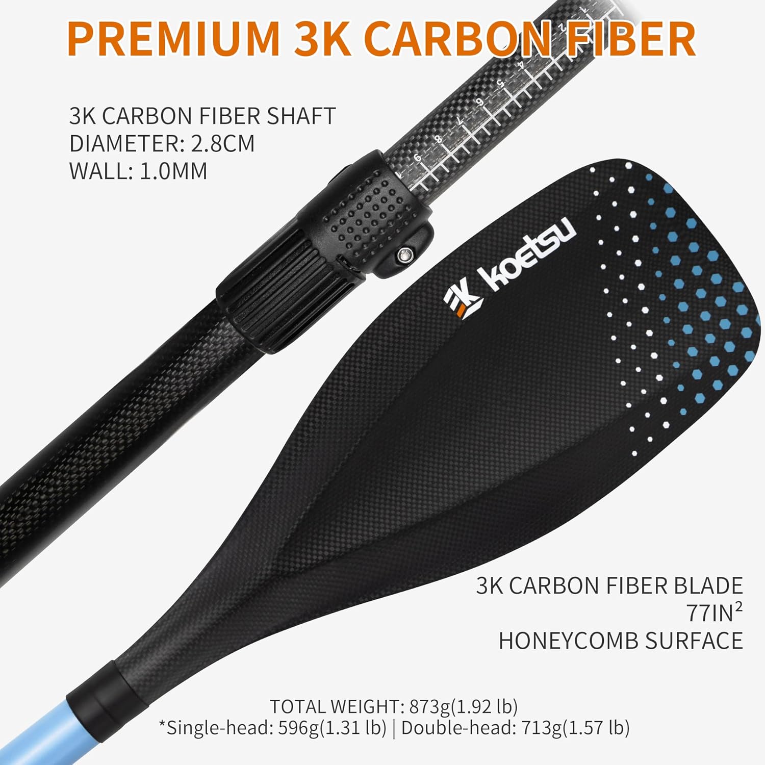 KOETSU 3-Piece Carbon Fiber SUP Kayak Paddle, 2-in-1 Convertible Design with 3K Carbon Shaft & Blade, Ultra-Light 873g, Adjustable Length 160-220cm, 77in² UV Scoop Blade for Stand-Up Paddle Board