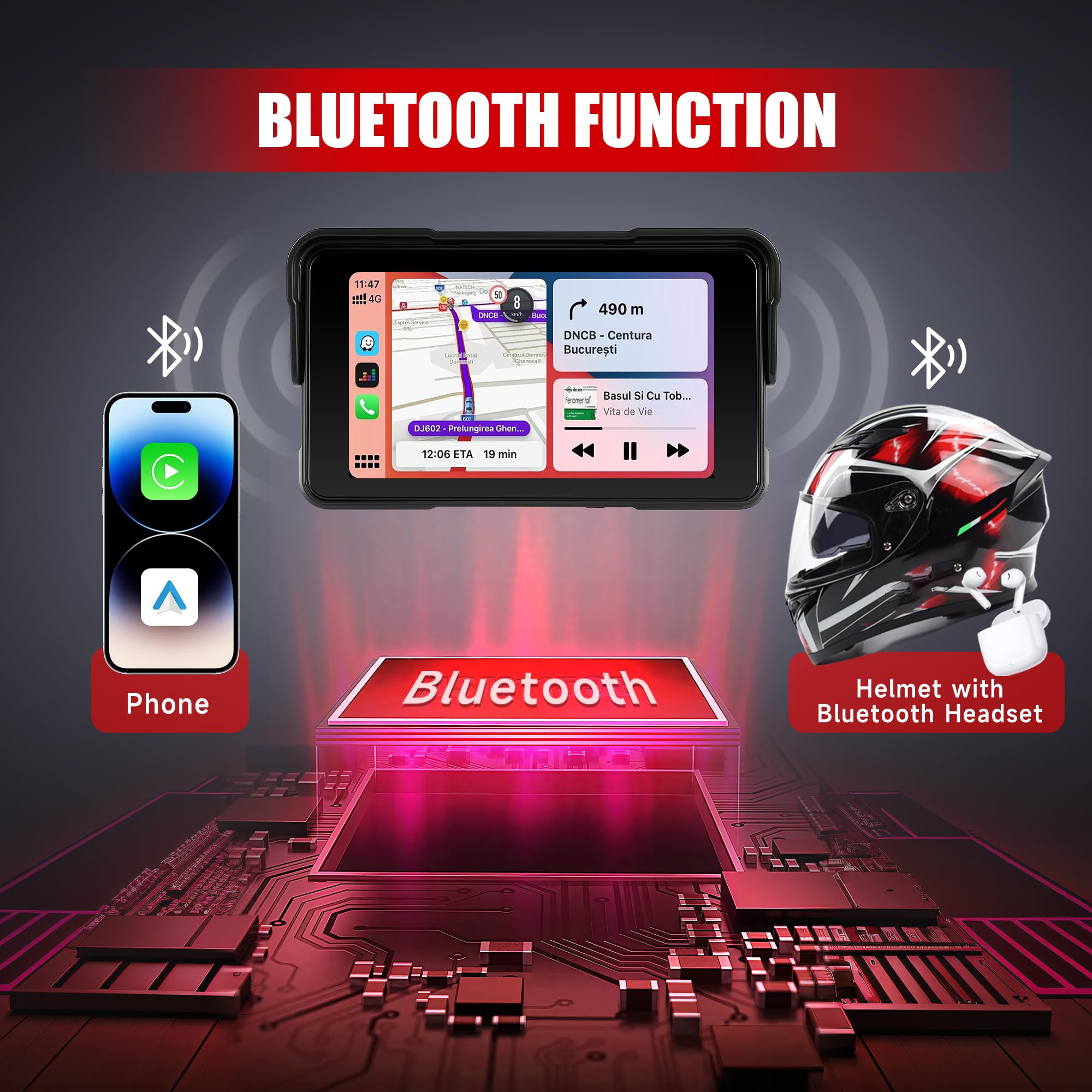 Carplay bezprzewodowy ekran motocyklowy 5 cali ekran dotykowy przenośny radio samochodowe do motocykla, IP68 wodoodporny Android samochód Bluetooth szybki demontaż wykrywanie ciśnienia w oponach 12 V