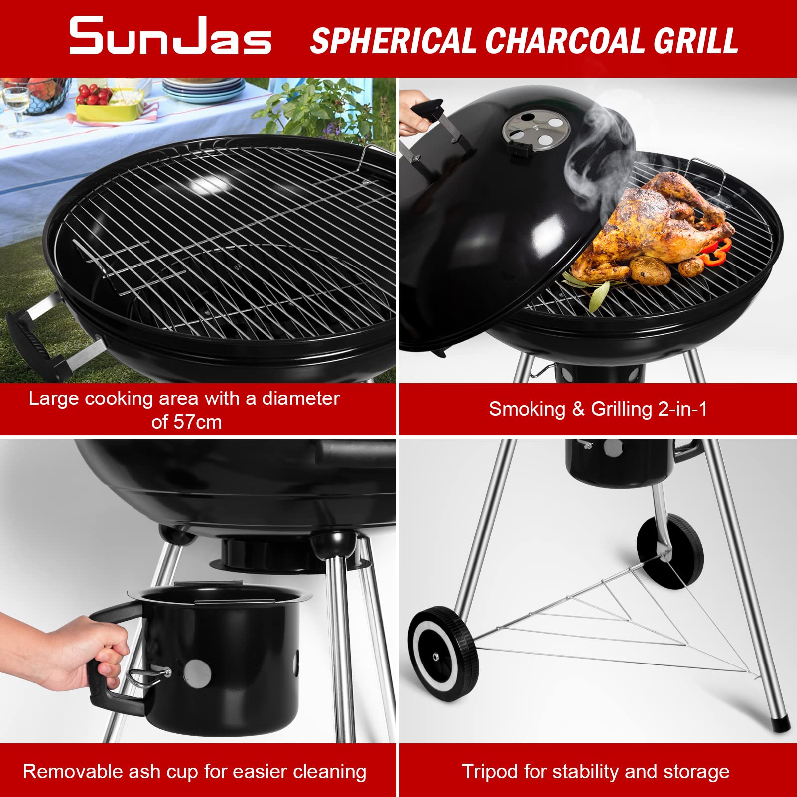 Holzkohle-Kugelgrill mit Deckel, Rundgrill Durchmesser 57 cm, Holzkohlegrillwagen mit Rädern, BBQ Grill schwarze Emaille