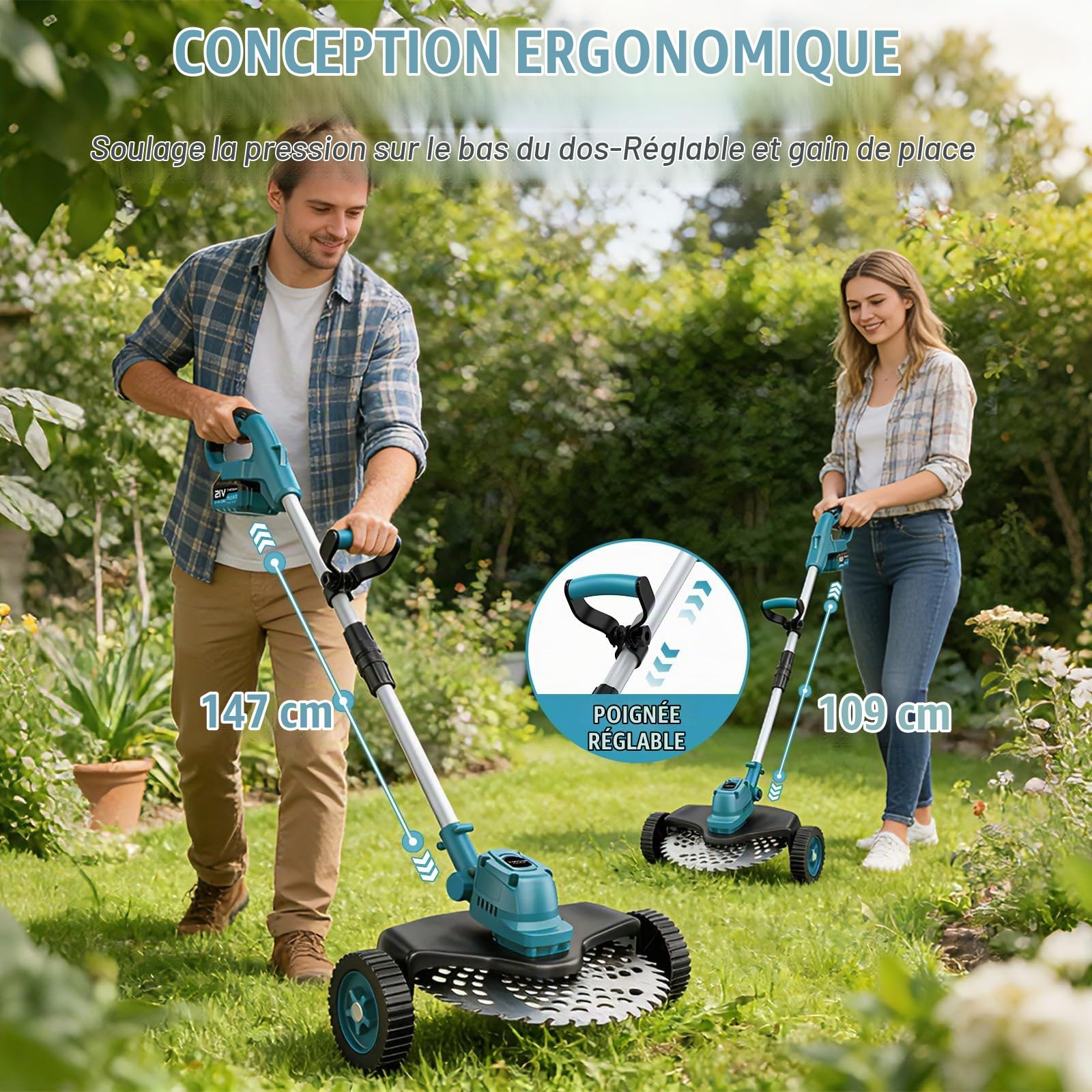 Débroussailleuse Électrique sans Fil 4-en-1 avec 2 Batteries 4,0 Ah, Moteur sans Balais, Coupe Bordure sans Fil avec 4 Types Lames Efficace, Tête Pivotante 90° pour Tondre Le Gazon