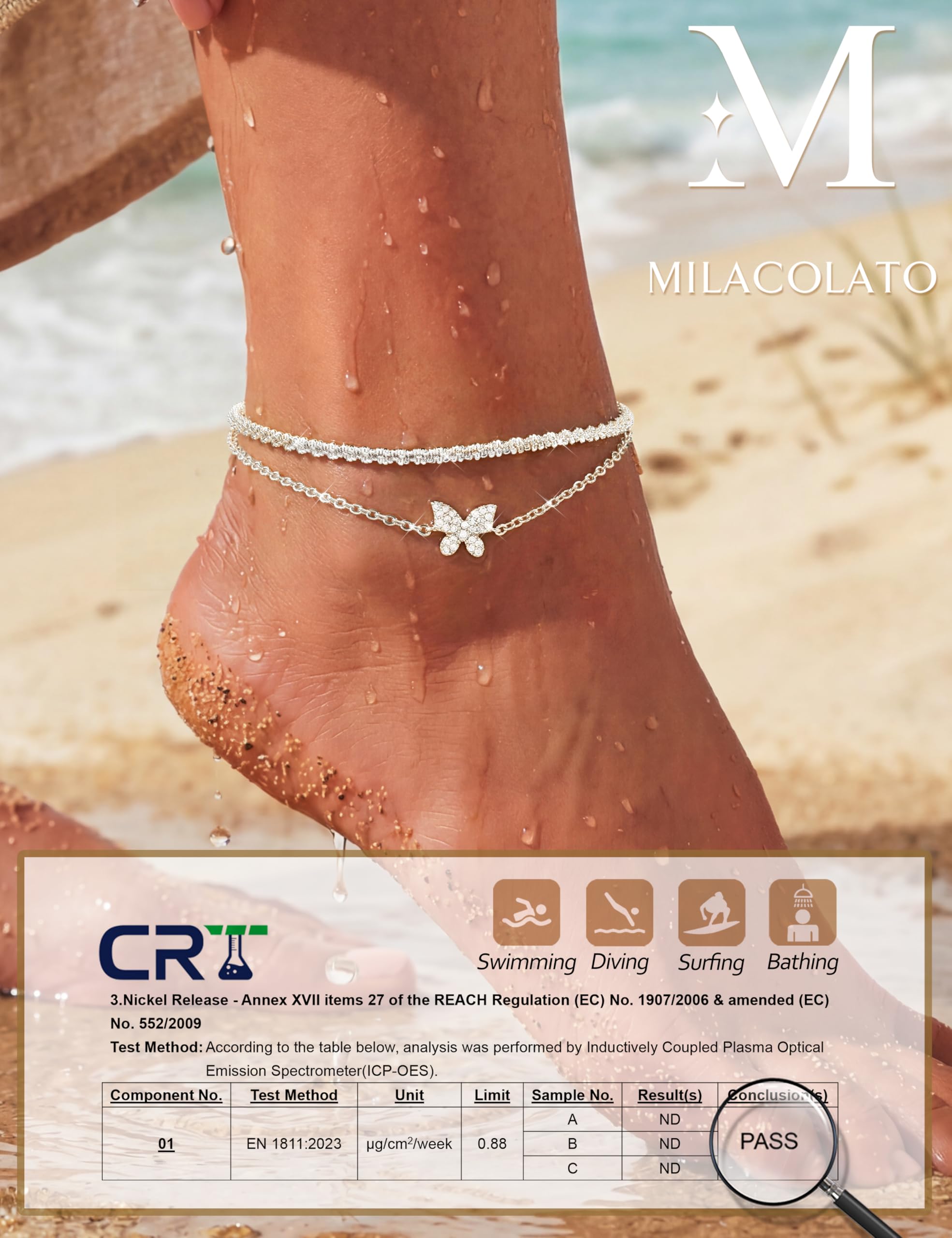 MILACOLATO Cavigliera regolabile in argento Sterling 925 da donna, impermeabile, con farfalla, cuore, stella, cerchio, cavigliera