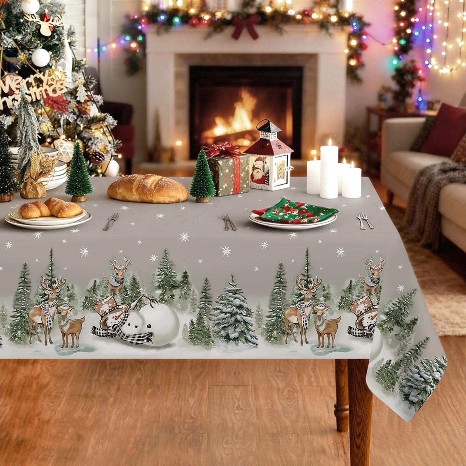 NVGVUP Christmas Tablecloth Washable 136 x 248 cm Large Christmas Tablecloth with Snowflakes Snowman Reindeer Christmas Tree Decoration Winter Stain Protection Table Linen for Table Decoration (Grey)