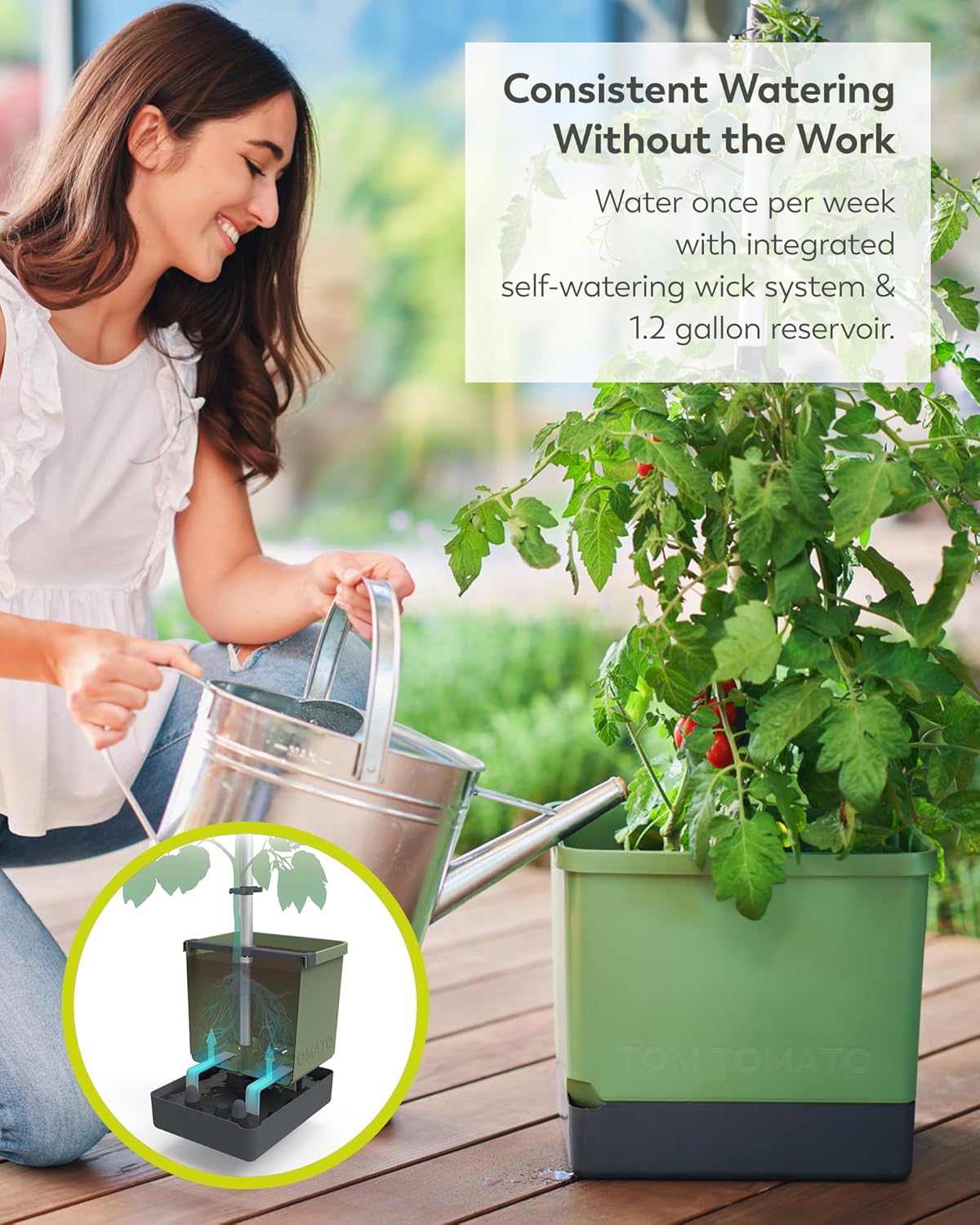 BUZZY Seeds Self-Watering Vertical Tomato Planter with Trellis – 1.2 Gal Reservoir, Large Capacity Planter for Tomatoes & Climbing Plants (Green)