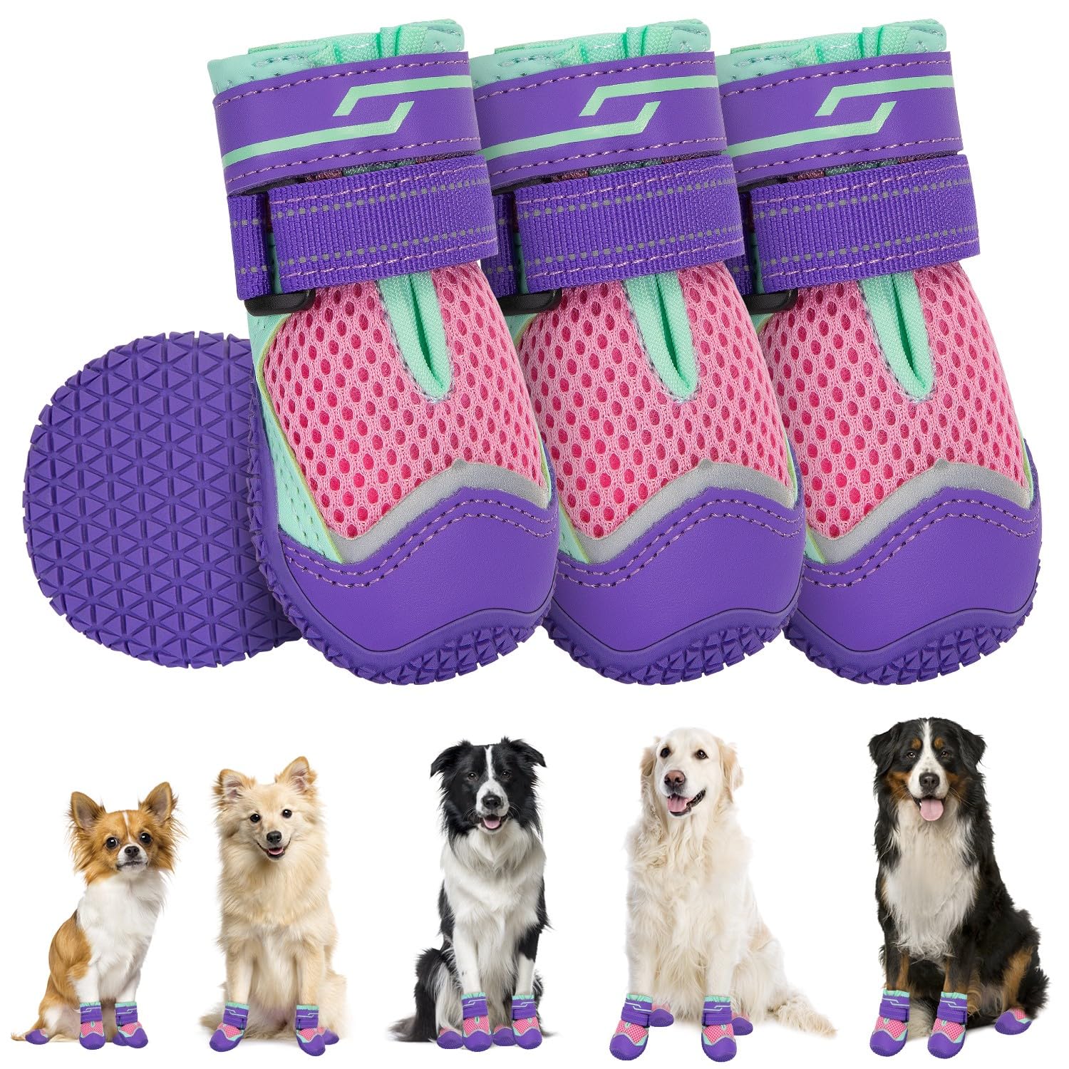 SlowTon Hundeschuhe Pfotenschutz, 4 Stück atmungsaktive Hunde Schuhe Outdoor mit Rutschfester Sohle, verstellbarem reflektierendem Klettverschluss Hundestiefel für kleine, mittlere und große Hunde