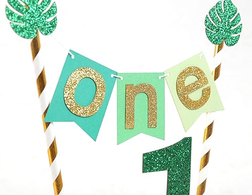 Miniatura 6 de Wild One Jungle Safari - Decoración para pastel de primer cumpleaños, purpurina dorada y verde, accesorios para tartas