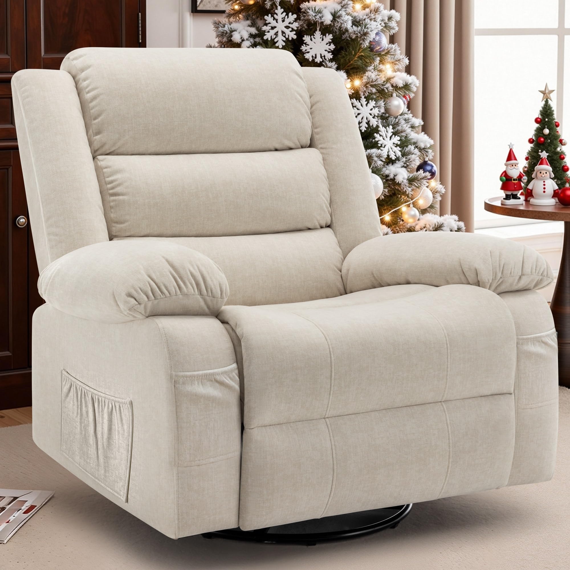 Recliner Chair, Wide Rocker Chair, Rocking Chair with Massage and Heat,360°Swivel Nursery Rocking Chairs, Oversized Recliner for Adults, Cashmere Reclining Sofa for Living Room, Beige