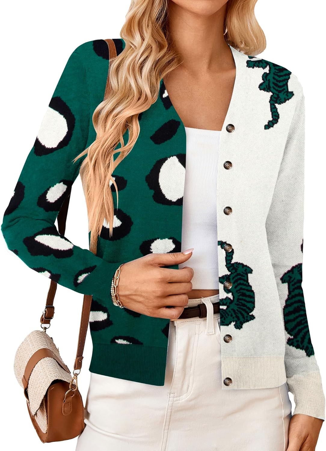 Leopard Tiger Print Cardigan Women: Color Block V Neck Sweater Long Sleeve Animal Print Outfits for Women - Image 2