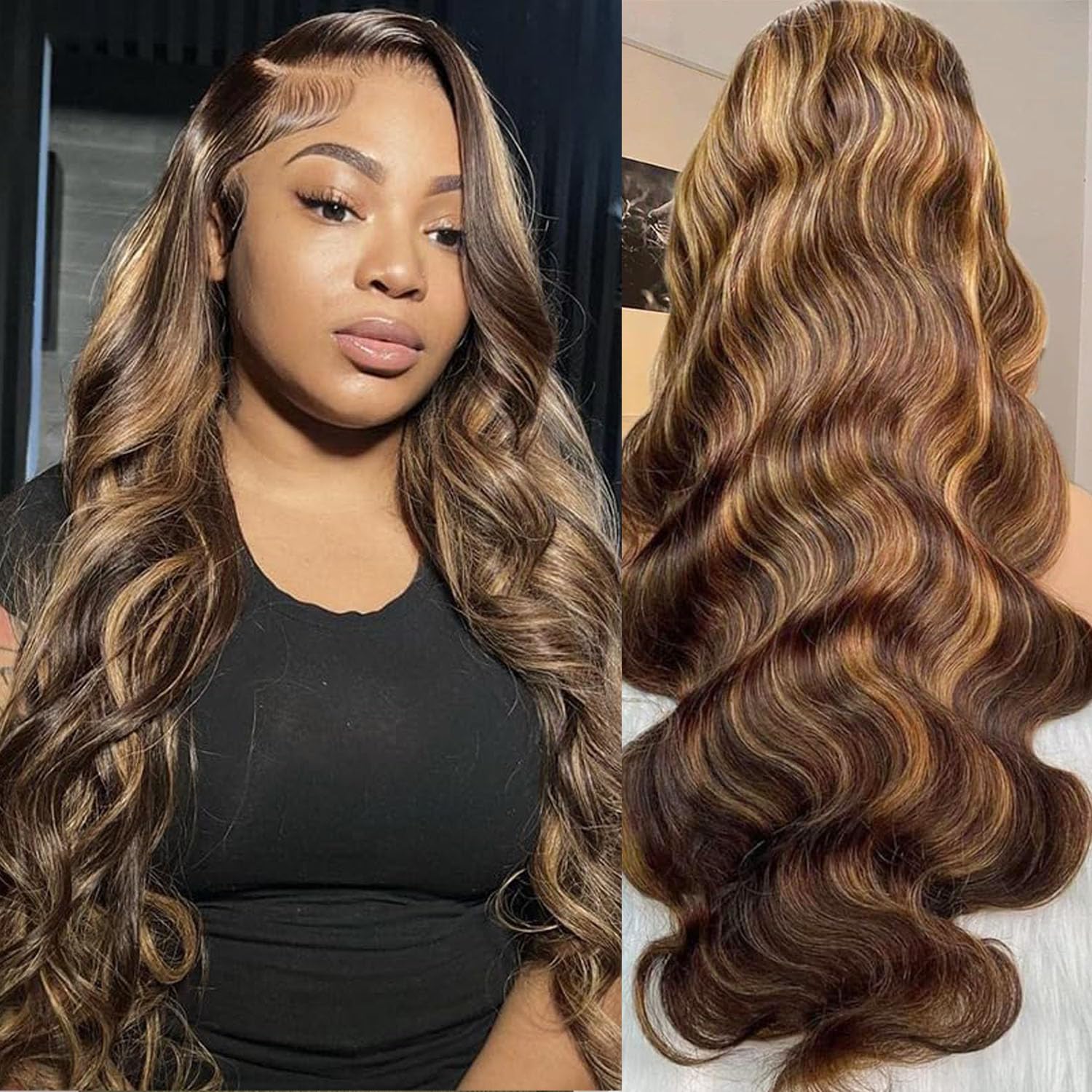 Ombre Lace Front Wig Human Hair - 13x6 HD Body Wave Highlight Lace Frontal Wigs Human Hair Pre Plucked With Baby Hair, 180% Density 4/27 colored Glueless Honey Blonde Wig Human Hair for Women 22 inch