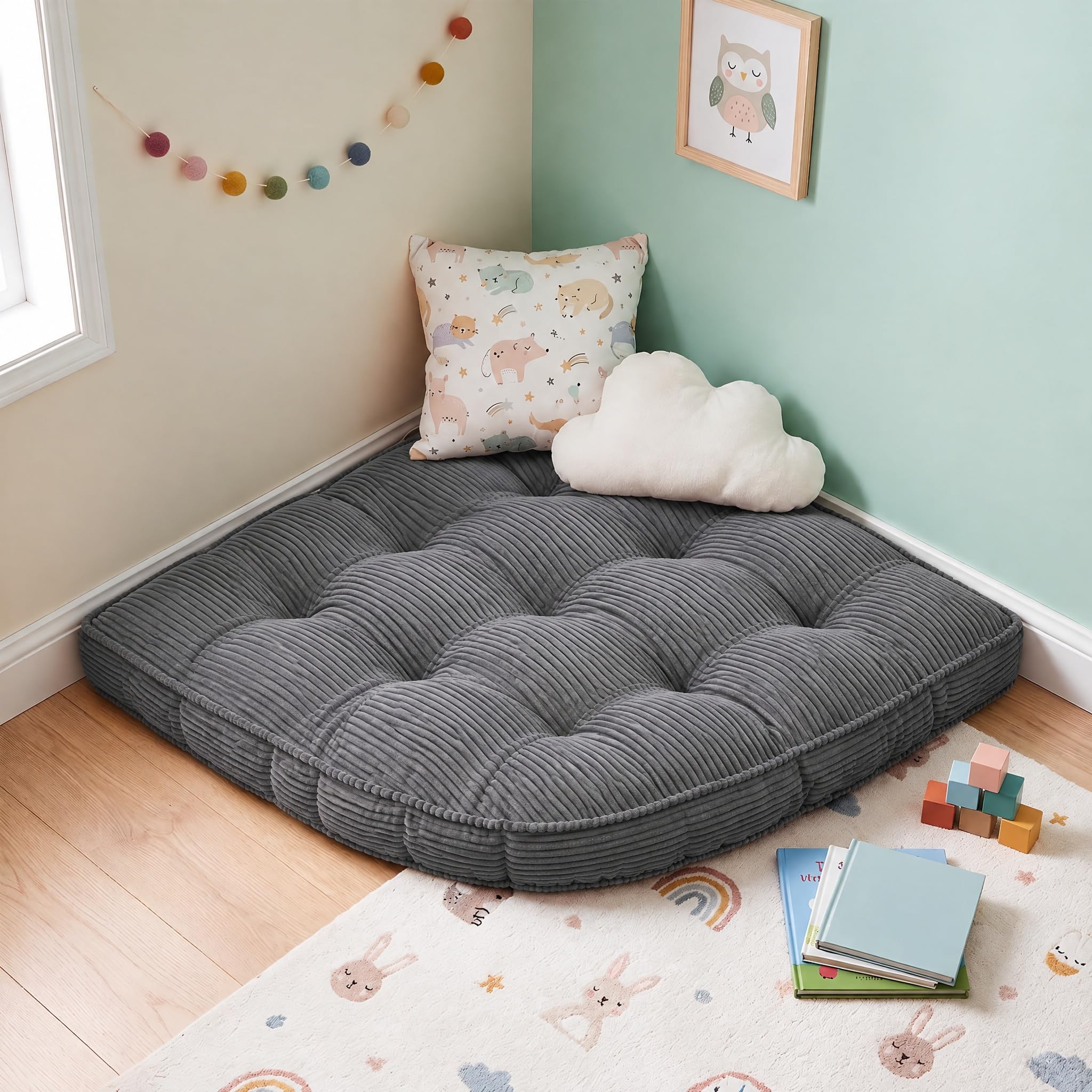 LiveGo Large Corner Floor Cushion, 100 * 100cm Radius Corner Kids Rug Soft Non-Slip Floor Pillow for Kids, Playroom Pillows for Reading/Yoga/Meditation (Grey D)