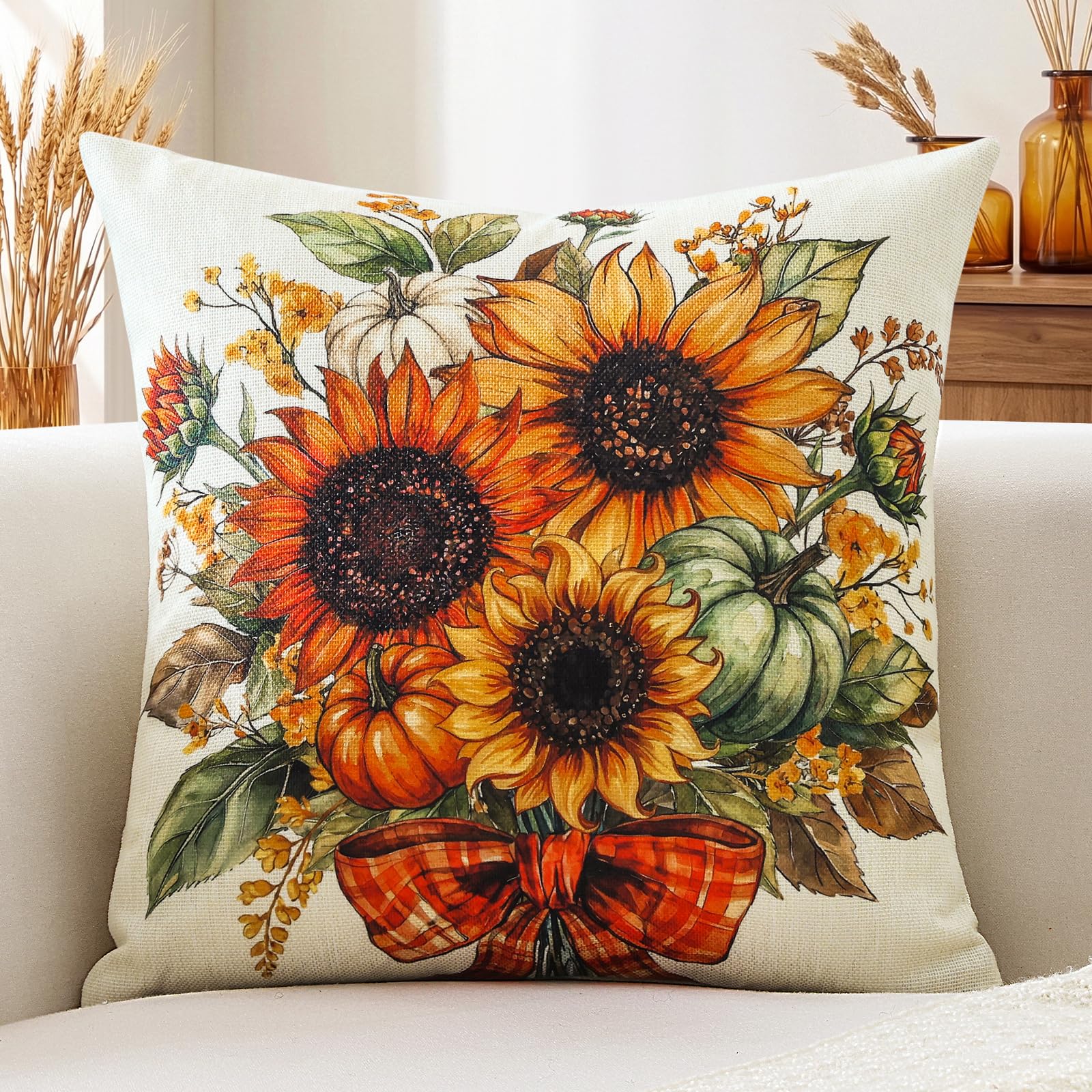 Artscope Fall Cushion Cover 45x45cm, Set of 1 Sunflower Bouquet Pillowcase Autumn Thanksgiving Pillow Cover for Sofa Living Room Holiday Party Fall Decor