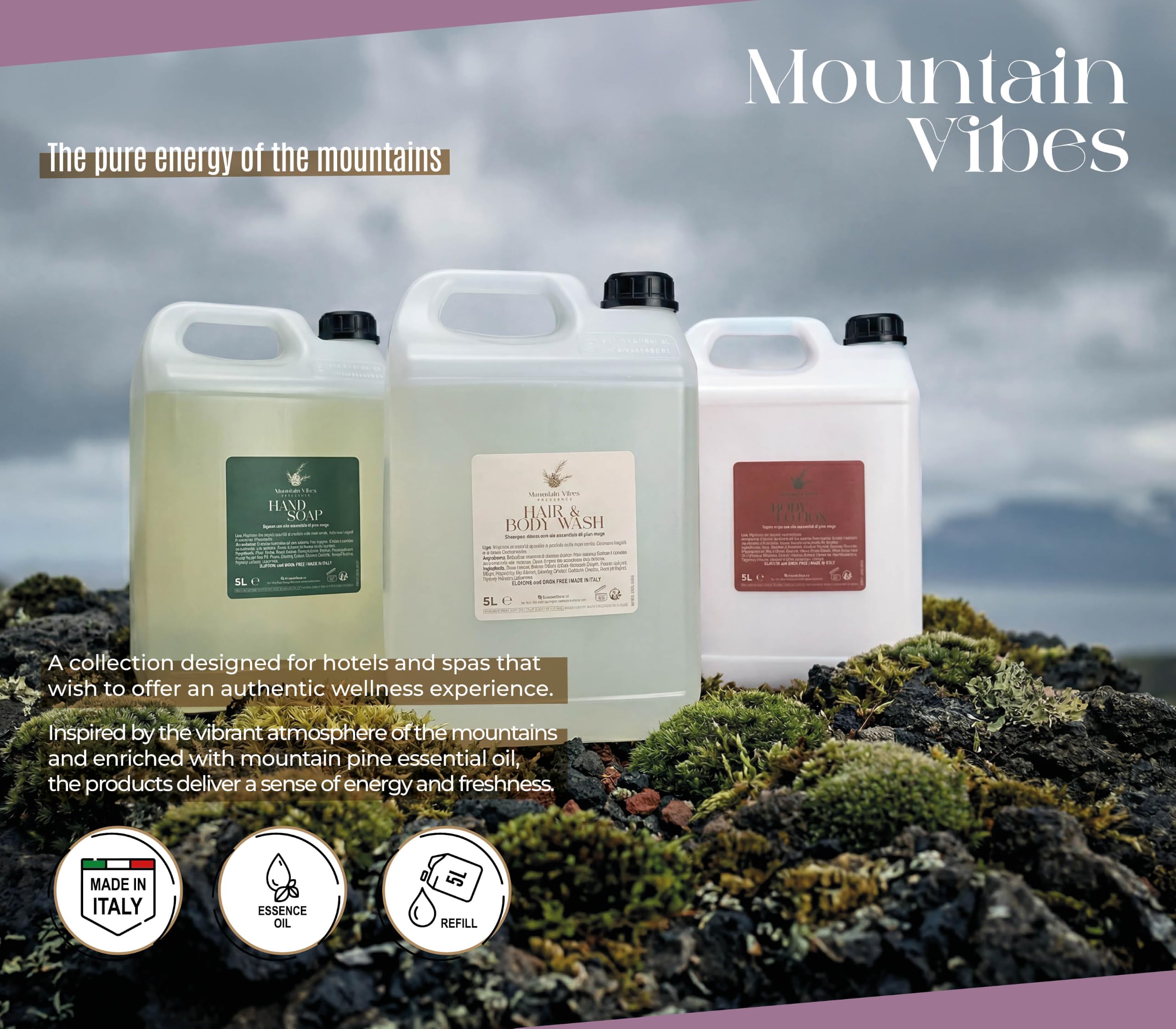 Present-More Mountain Vibes Körpercreme 5 l - Körpercreme 1 Stück für Hotels, B & B und Hotels | Körpercreme mit Duft Pino Mugo (1 Kanister)