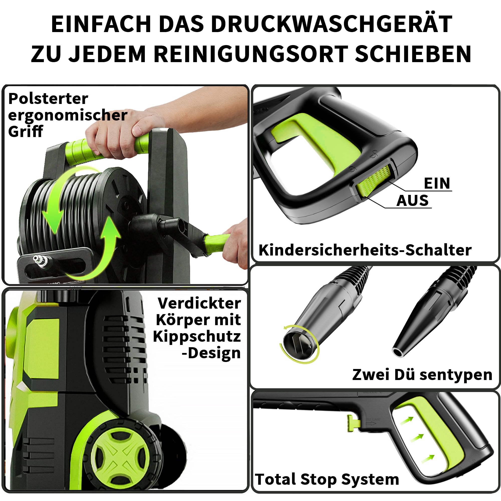 2026New Hochdruckreiniger Touchscreen 8-stufiger 200 Bar, 6-in-1-Düse, 90cm Gerätehöhe, Einstellbarer Druck 100-200bar, Fördermenge 280-500l/h, Flächenleistung 60m²/h, mit Schaumkanone Schlauchtrommel