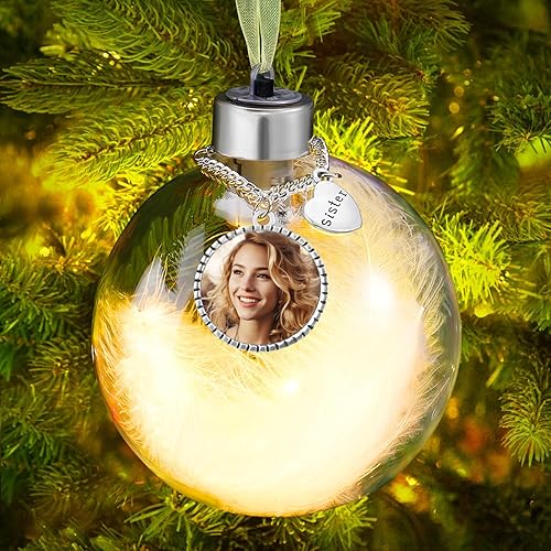 LED Light Glass Christmas Memorial Ornament Feather Ball, 3.5in Large Clear Christmas Tree Memorial Hanging Pendant, Heaven Ornaments Memorial Gifts for Loss of Mom Dad Son Daughter Brother Sister