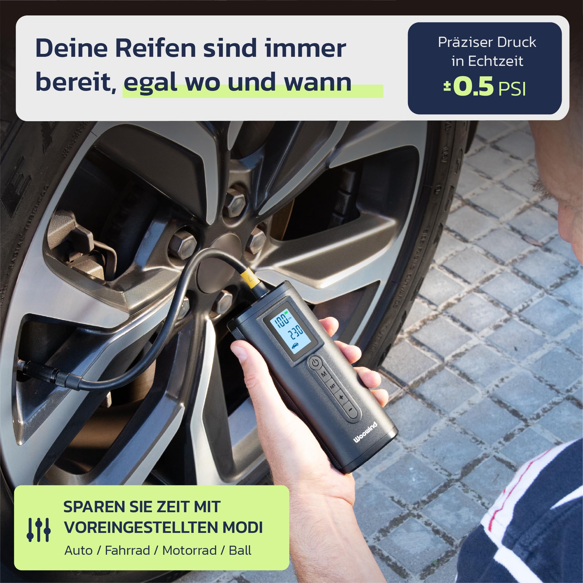 Woowind Akku Kompressor mit Powerbank, Auto Fahrrad Motorrad Bälle | Fahrradpumpe Elektrisch, Akku Kompressor, 2-Minuten-Aufpumpen, LCD-Display, LED-Licht