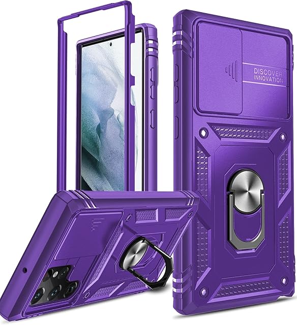 LeYi Samsung S22 Ultra Case with Camera Cover Slider, 360° Full Body Protective Shockproof Heavy Duty Phone Hybrid Case with Ring Stand for Samsung Galaxy S22 Ultra 5G 6.8" Purple