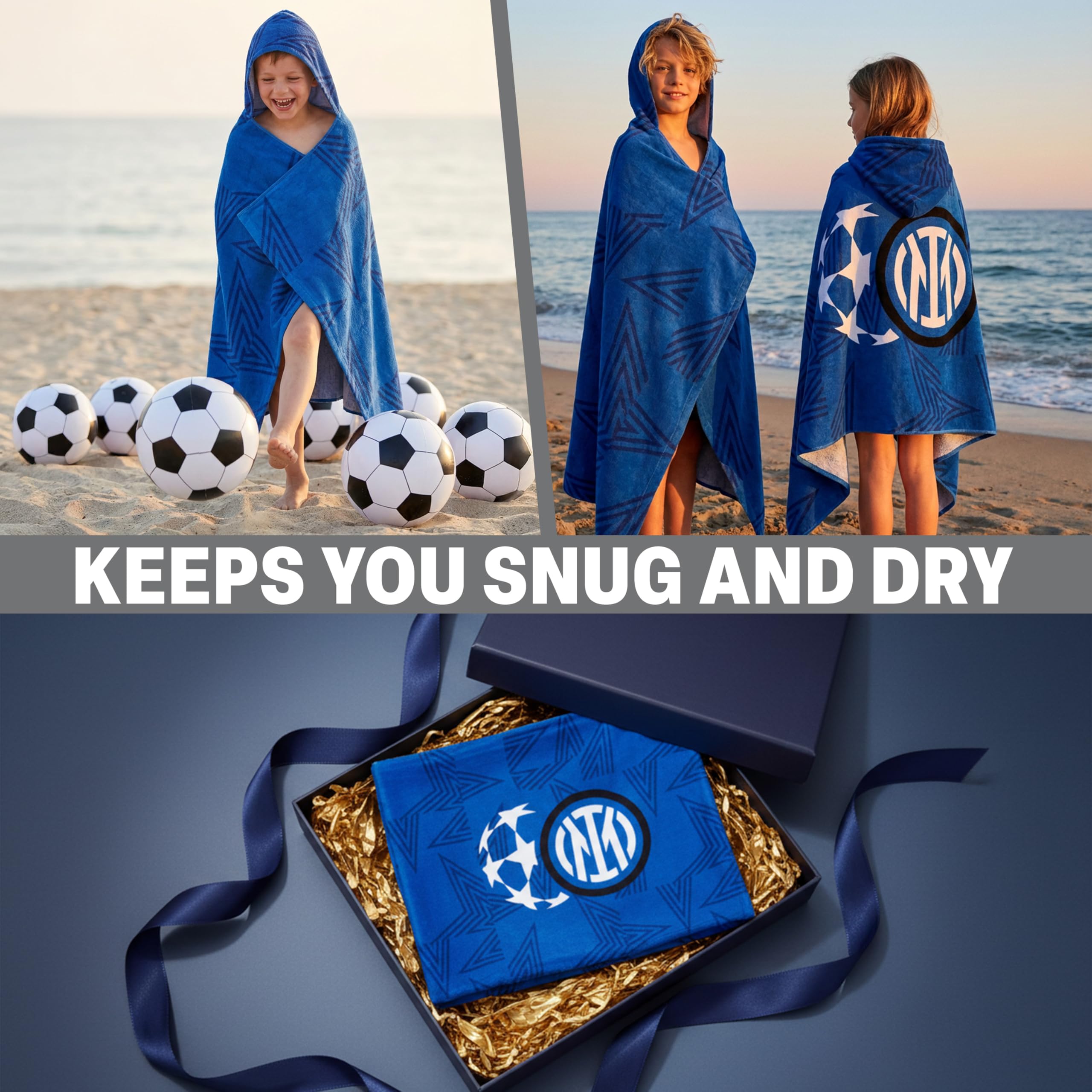 Inter Milan F.C Incappucciato Asciugamani Bagno Bambini e Adolescenti, Assorbente Asciugamano Cotone, Piscina, Nuoto e Asciugamano da Mare, Accessori Viaggio, Regalo Bambino (Marina Inter Milan)