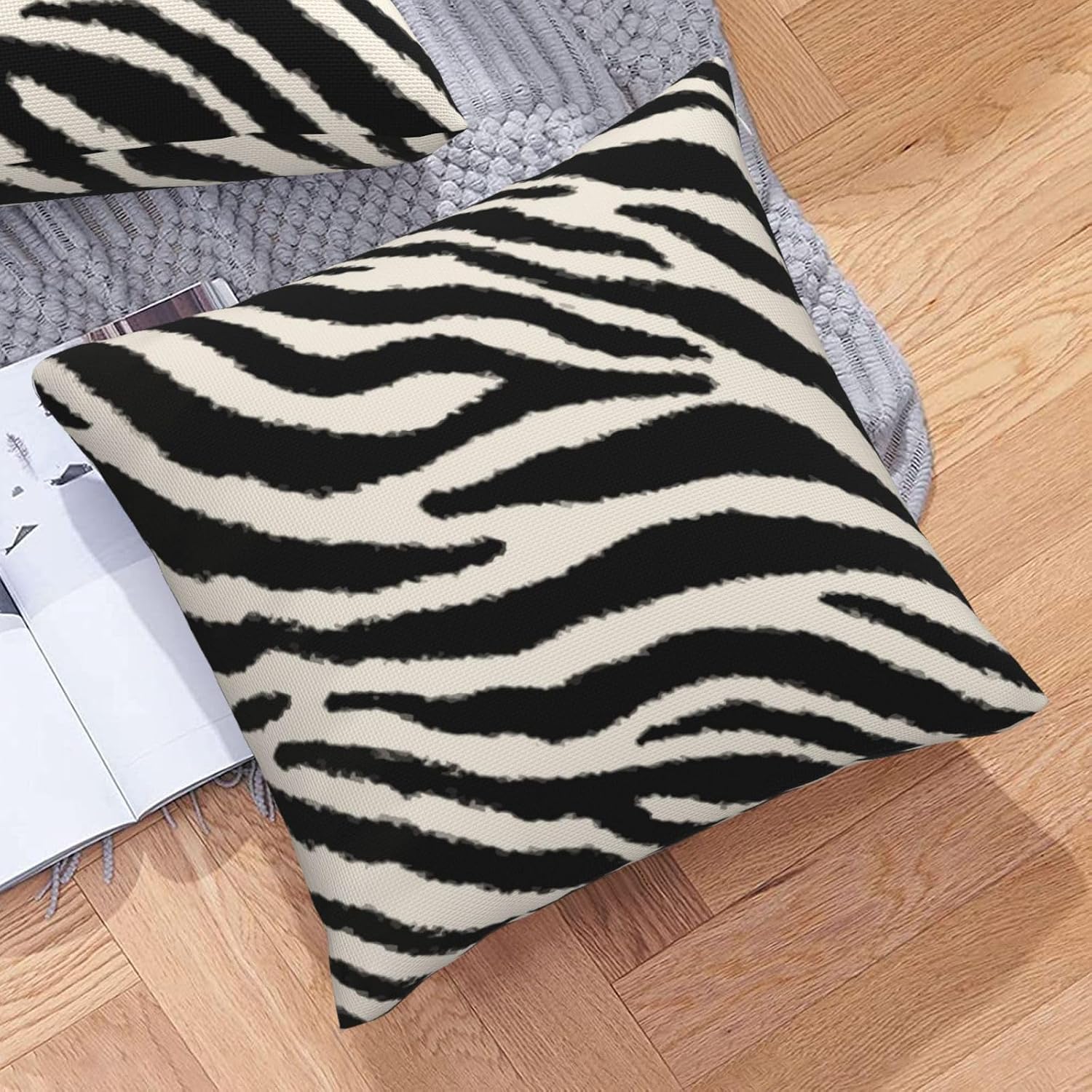 Zebra Print Striped Throw Pillow Covers Black and Beige Square Pillow Cases 20x20 Inch Set of 2 Wild Animal Skin Outdoor Decorative Pillowcase Cushion Cover for Couch Sofa image 5