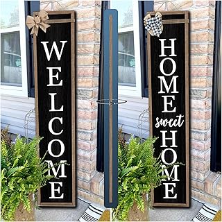 Outdoor Welcome Sign for Front Porch Standing Large 2 Sided 45"X9" Wooden Frame Tall Vertical Leaner Long Home Sweet Home Front Door Sign for Rustic Outside Farmhouse Modern Decor (Wood Black)