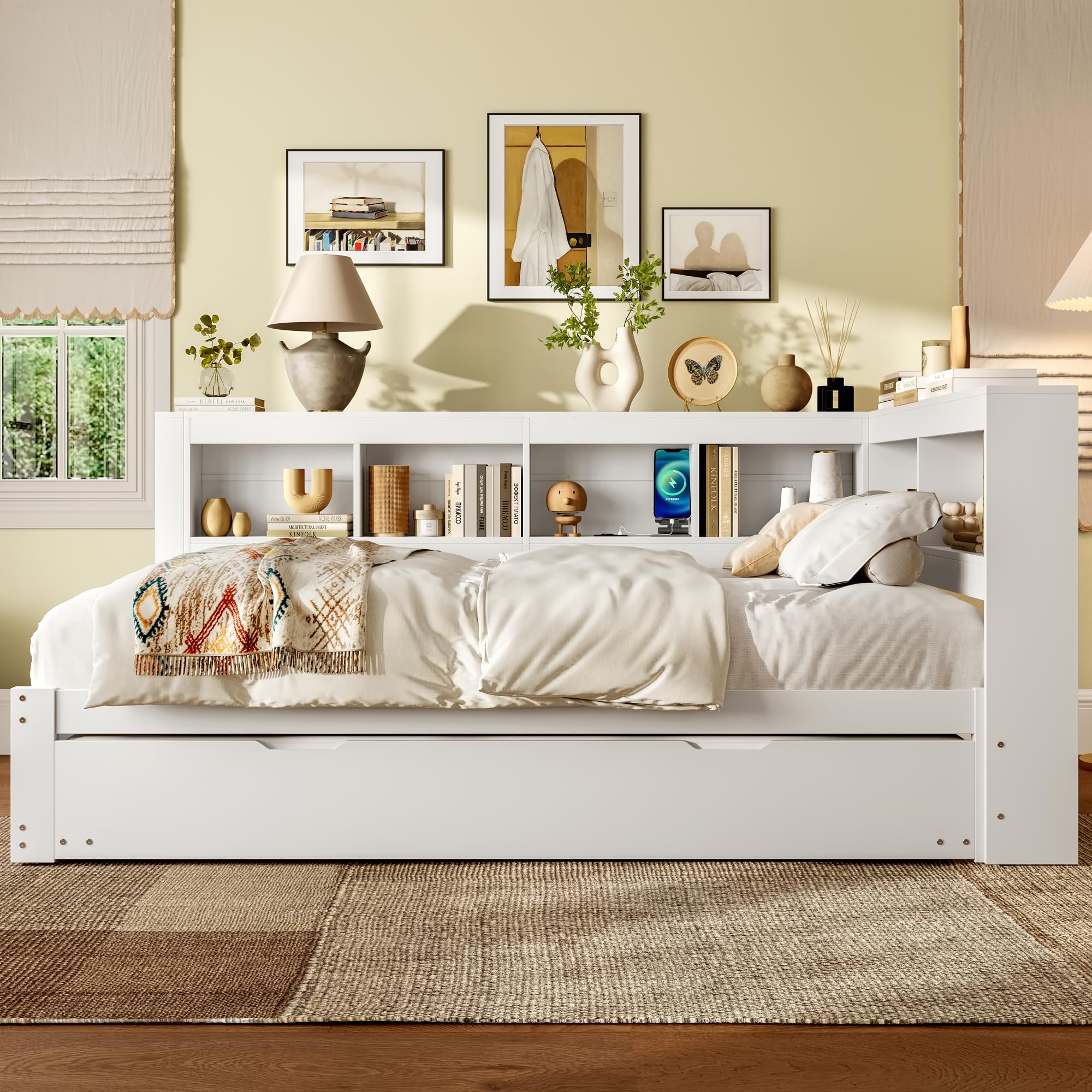 cama de día nido de 140 x 200 cm, sofá con enchufe integrado y 2 puertos USB, incluye somier, cama de invitados que ahorra espacio, madera de pino, blanco (sin colchón)