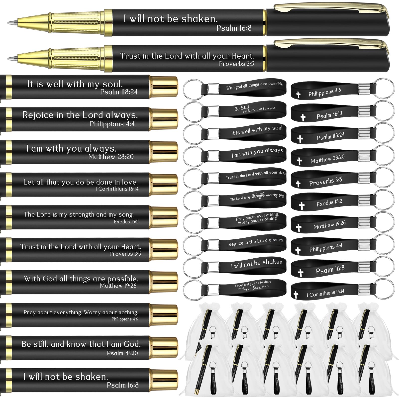 Spakon 50 Sets Father's Day Gifts for Church Christian Pens Silicone Bible Verse Keychains Bulk for Men Inspirational Scripture Metal Pen Religious Gifts for Sunday School Teacher Men Party Supplies