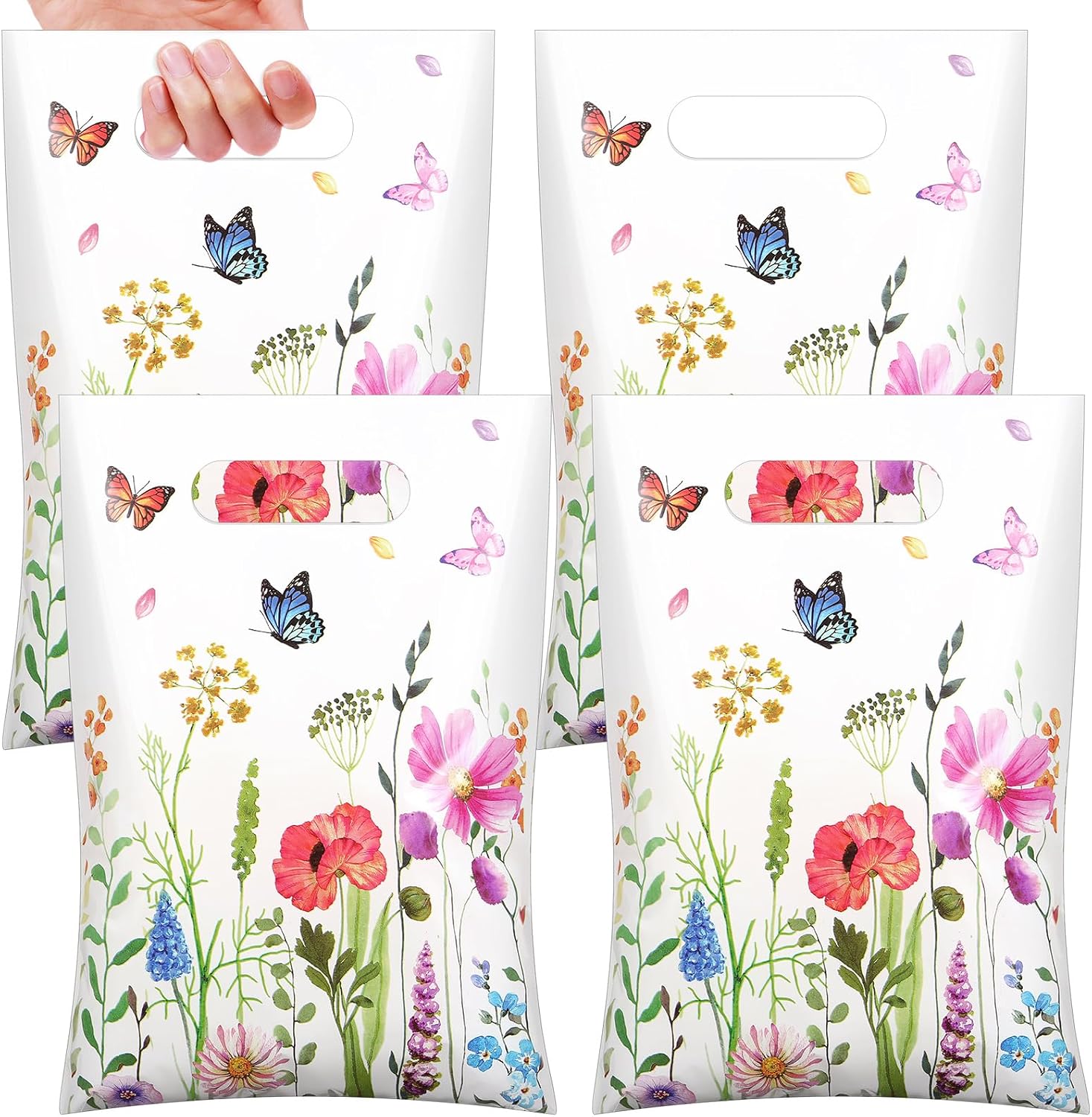 Kosiz 100 Pcs Wild Flower Gift Bags Bulk 6.7 x 9.8 Inches Plastic Wild Floral Treat Candy Goodie Favor Bags with Handles for Spring Summer Birthday Wedding Bridal Shower Floral Party Supplies Decor