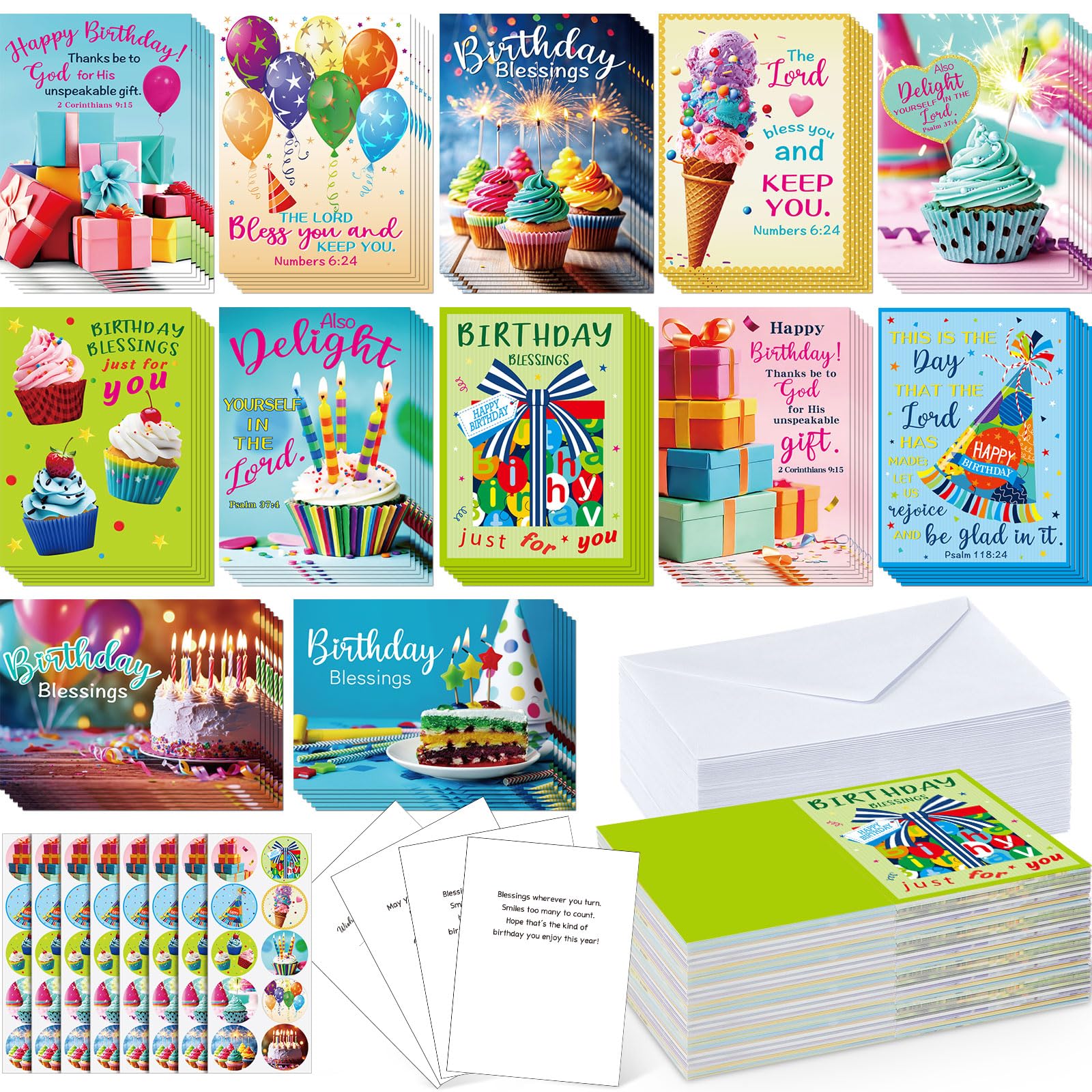 Motiskyy Lot de 120 cartes d'anniversaire religieuses chrétiennes en vrac avec verset de la Bible - 11,4 x 15,7 cm - Cartes de vœux chrétiennes assorties pour anniversaire avec enveloppes et