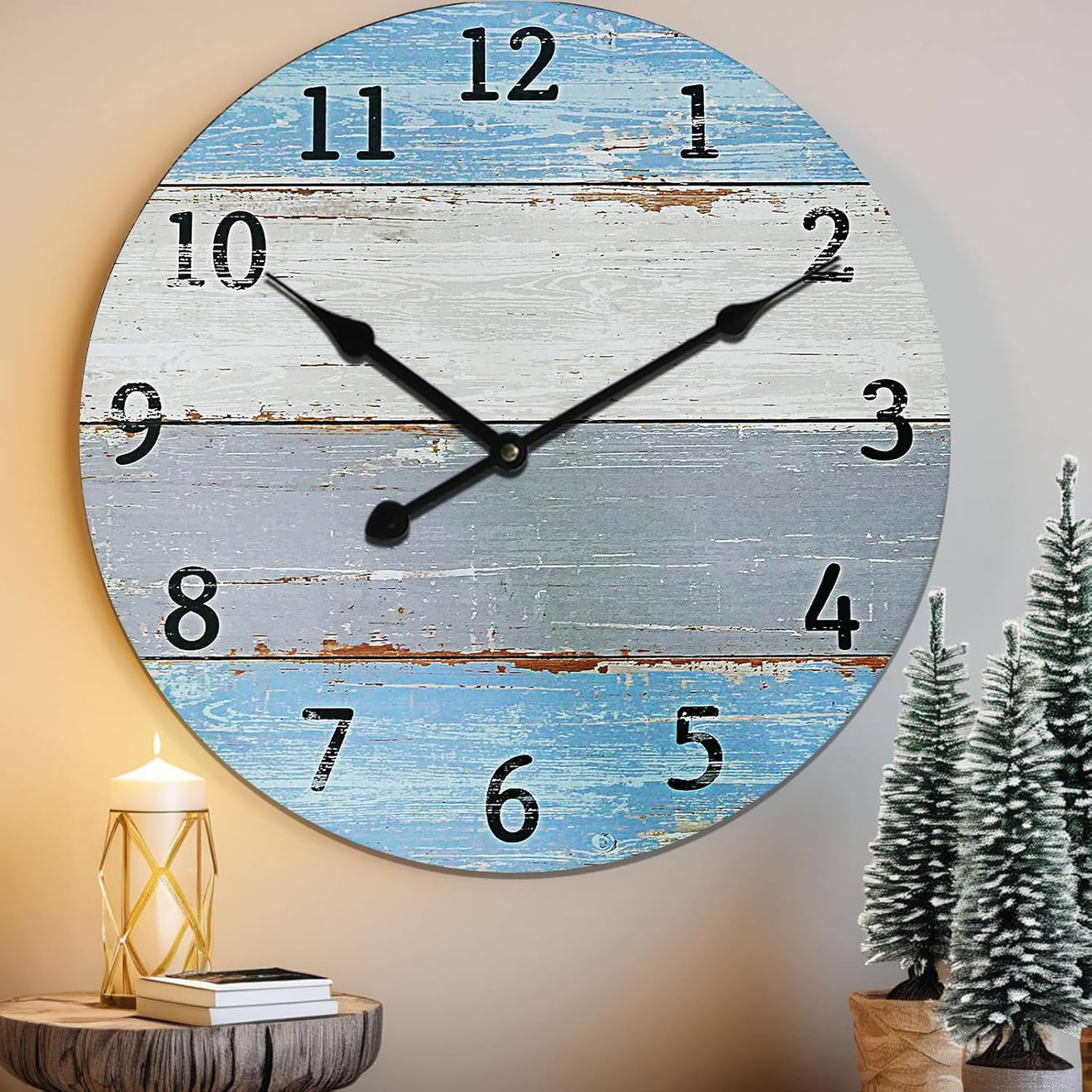 Large Wall Clock for Living Room Decor?24 Inch Blue Round Wood Clock for Bedroom,Coastal Vintage Rustic Clock for Farmhouse Kitchen Sky-blue