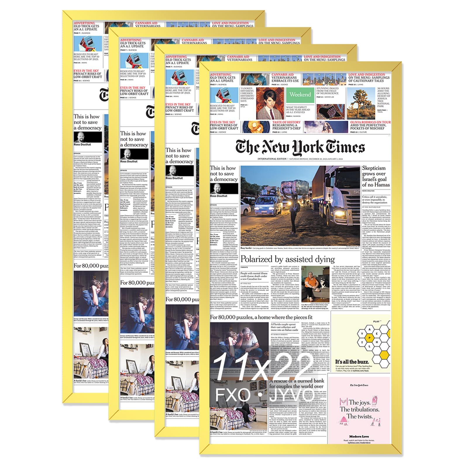 11x22 Newspaper Frame Set of 4, Display 11 x 22 Inch Newspaper Front Page for Wall, Light Weight and High Transparent Picture Frame - 4 Pack/Gold/11by22