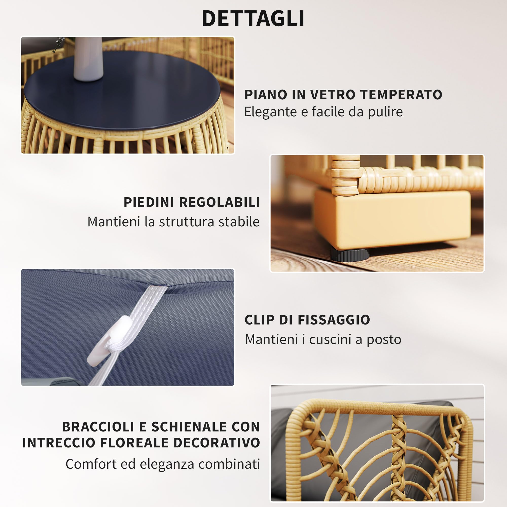 Outsunny Salotto in Rattan per Esterno da 5 Pezzi, Salottino da Giardino con Divano Modulabile, Cuscini e Tavolino da Caffè con Vetro, Grigio