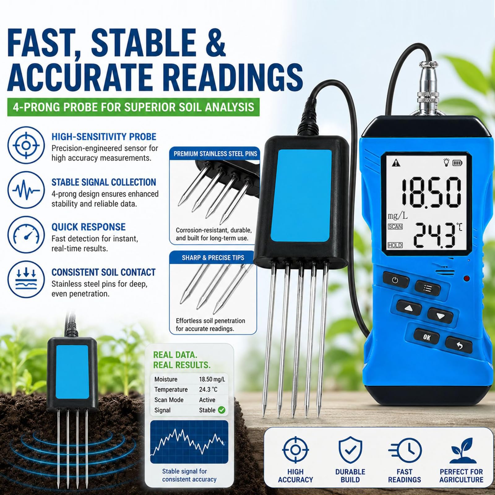 Misuratore Di Umidità, Nutrienti, Conducibilità, Fosforo, Potassio, N, P, K, Rilevatore Portatile Di Ossigeno Disciolto, Digitale Ad Alta Precisione, Impermeabile Per Prato, Fattoria, Giardino