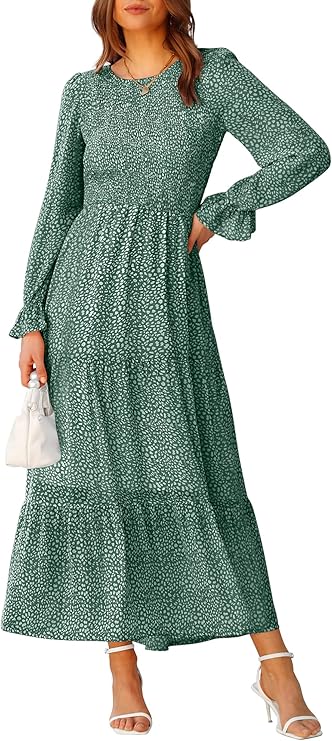 BTFBM Women Casual Long Sleeve Crew Neck Fall Dress Bohemian Relaxed Fit Floral Flowy Maxi Dresses Tiered Cocktail Dress