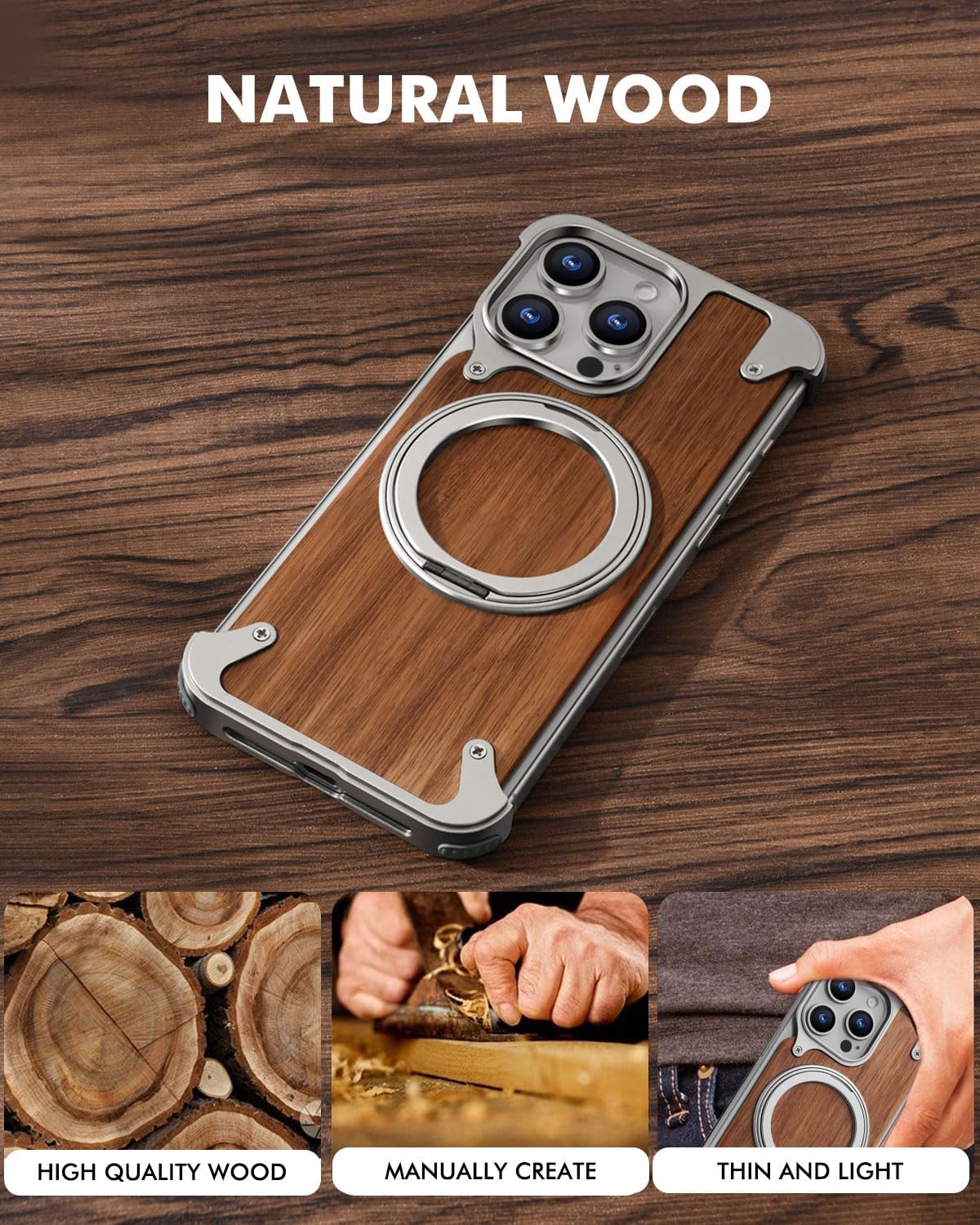 OATSBASF Magnetic Wood Case Compatible with iPhone 15 Pro, [Natural Wood & Aluminum] Shockproof Protective Cover Unique Wooden Case with 360° Ring Stand, Natural Titanium