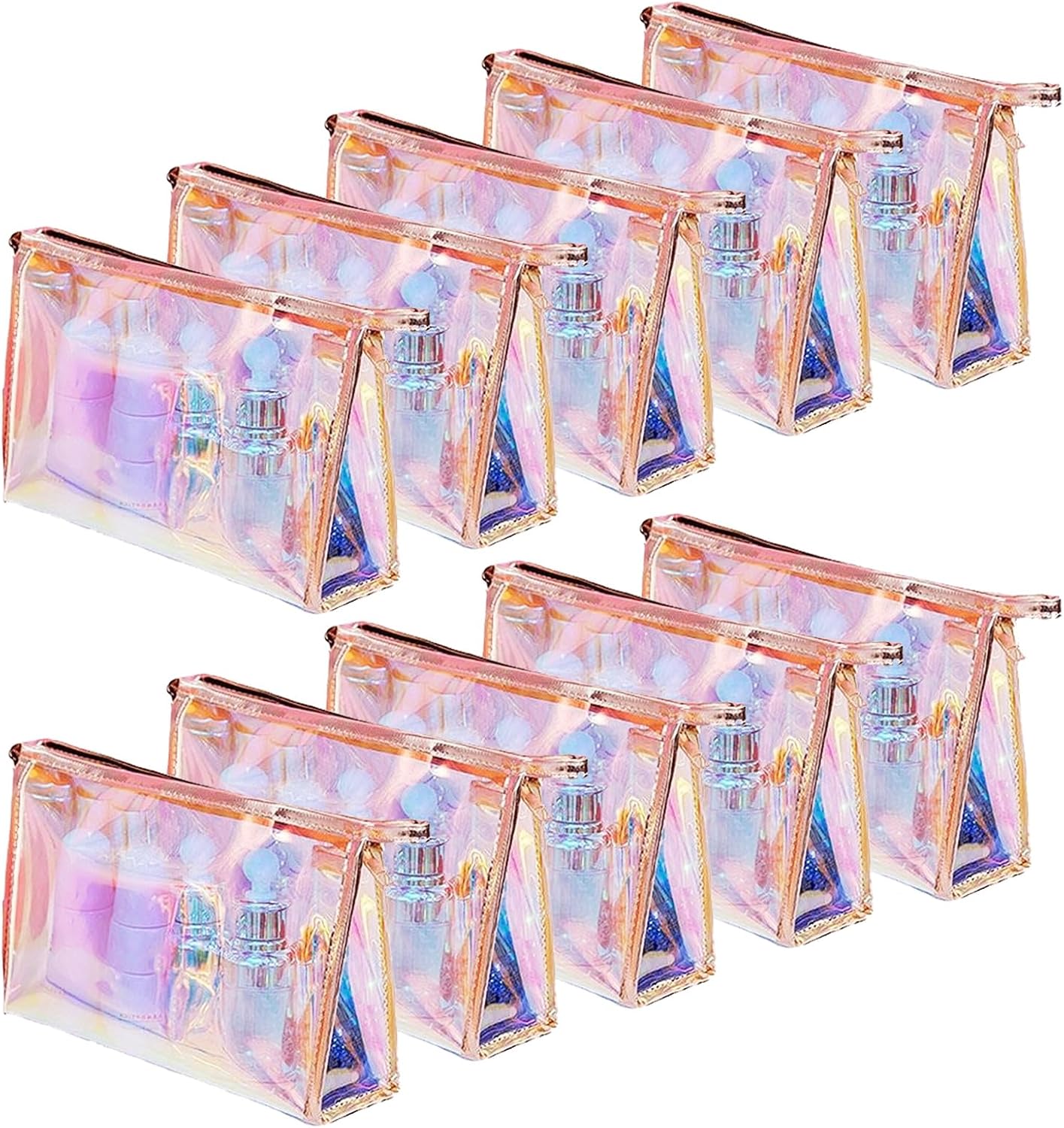 10 Pcs Holographic Makeup Bag Bulk Iridescent Makeup Pouch Clear Bachelorette Bag Portable Zippered Toiletry Bag Waterproof Cosmetic Gift Bags for Organizer, Brushes,Women Gifts