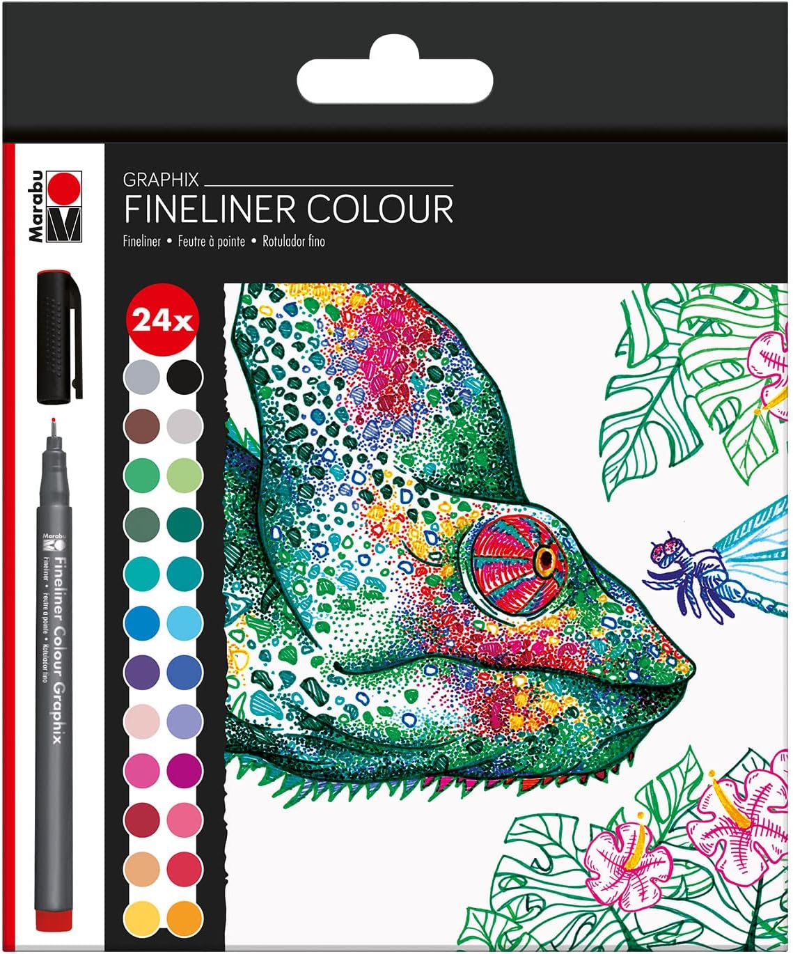 Marabu 0146000000104 - Fineliner Graphix, Set Hypnotize, 24 Brilliant Colours, Line Width Approx. 0.5 mm, Water-Based Pigment Ink, Metal-Encased Plastic Tip