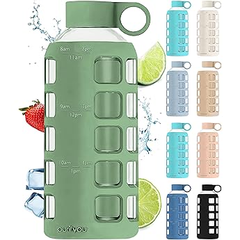 purifyou 40oz / 32oz / 22oz / 12oz Borosilicate Glass Water Bottle with Time & Volume Markers, Silicone Sleeve, Stainless Steel Lid | Reusable Glass Bottle for Water & Juice (12oz Pastel Gray)