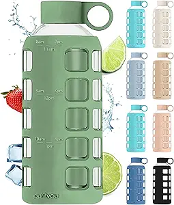 purifyou 40oz / 32oz / 22oz / 12oz Borosilicate Glass Water Bottle with Time & Volume Markers, Silicone Sleeve, Stainless Steel Lid | Reusable Glass Bottle for Water & Juice (22oz Shale Green)