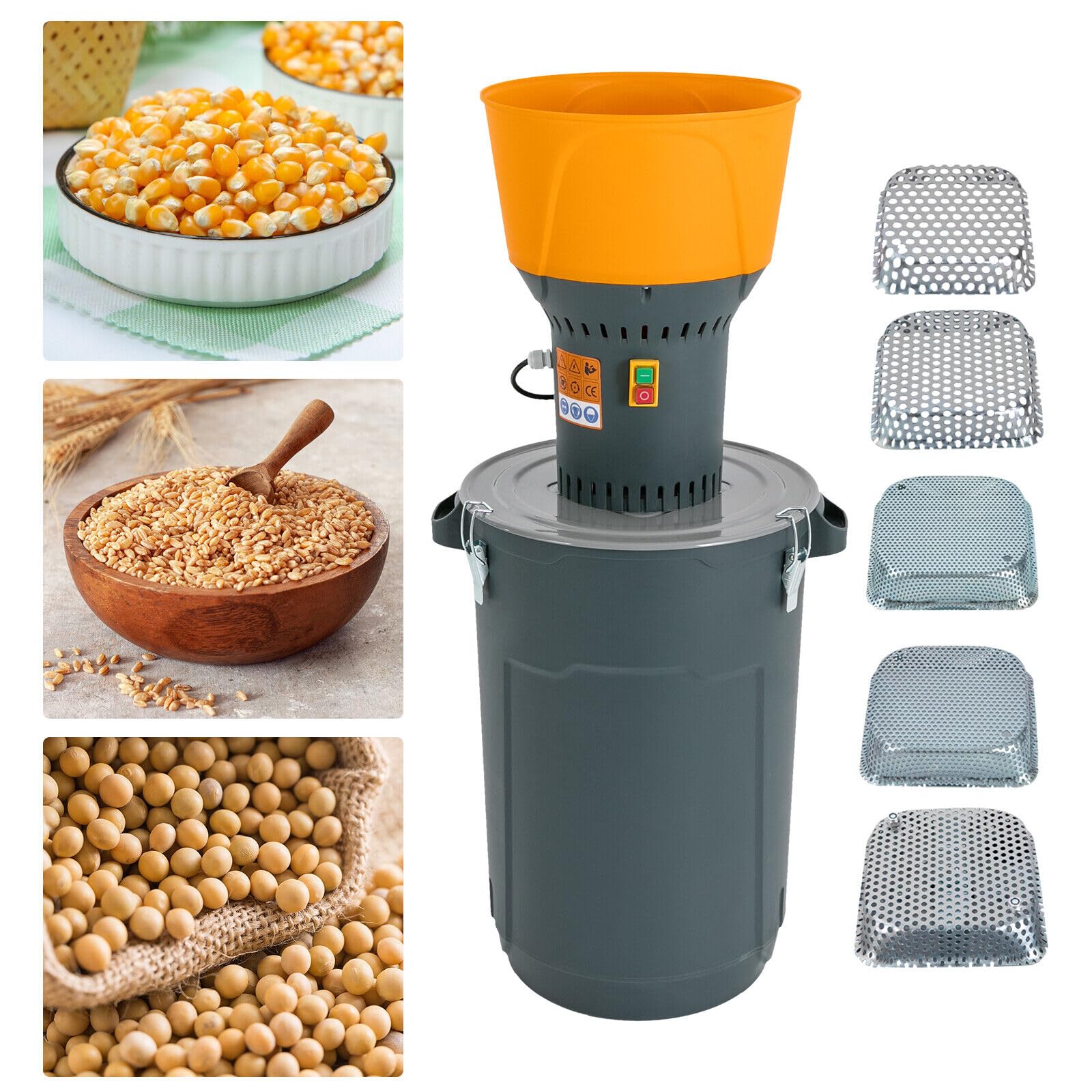 Molino de cereales eléctrico de 220 V con embudo y bandeja de recuperación, molino agrícola 400 kg/h con 5 tamices de molienda para arroz, maíz, cereales, café, trigo