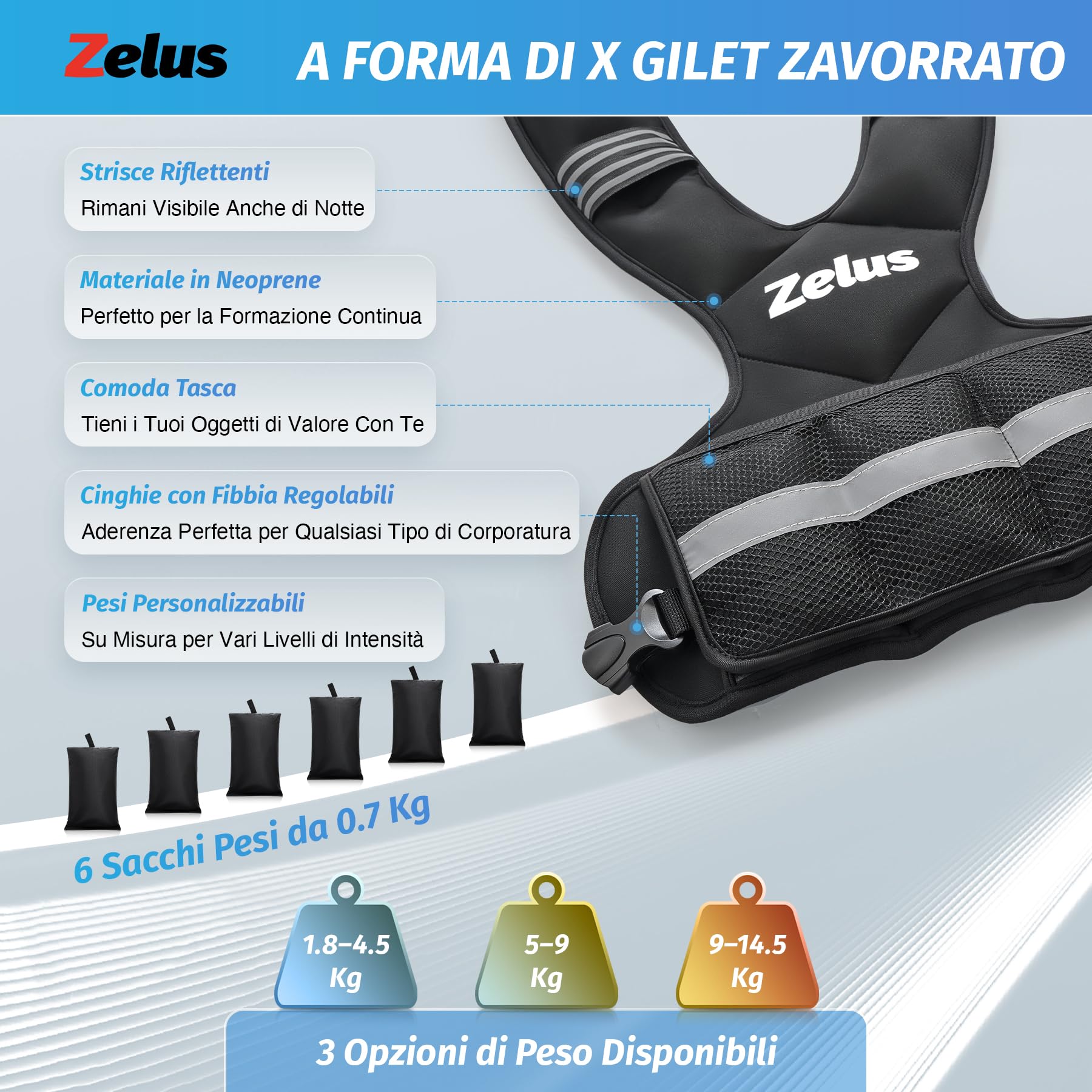 ZELUS Giubbotto Zavorrato Regolabile 5-9 kg/ 9-14,5 kg Gilet per Palestra Casa Fitness Gilet Regolabile con 6 Sacchi di Sabbia di Ferro per Allenamento Cardio e Forza e Perdita di Peso